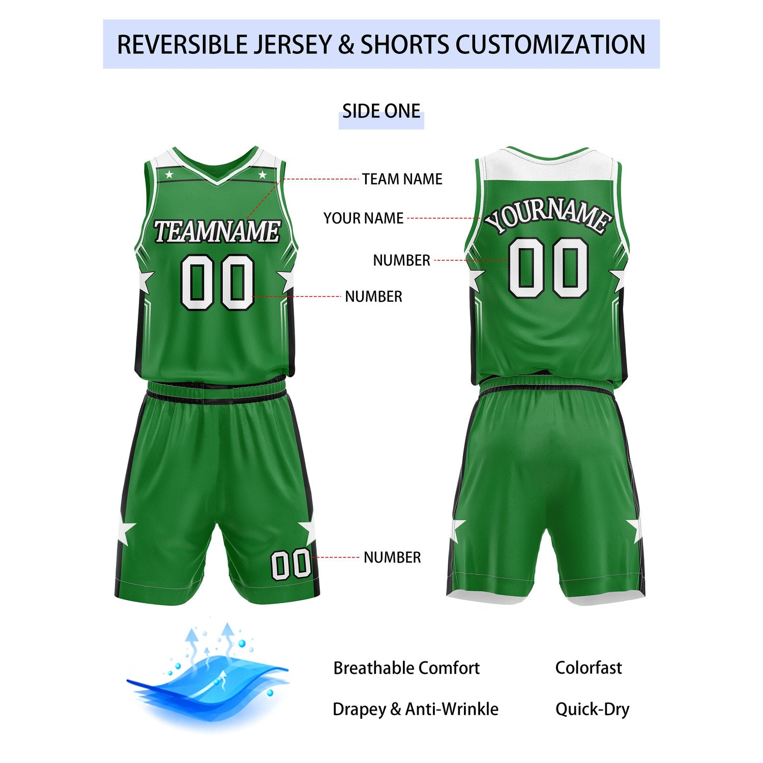 Custom Reversible Green White Star Basketball Uniform Set | Team Name & Number - Vosoli