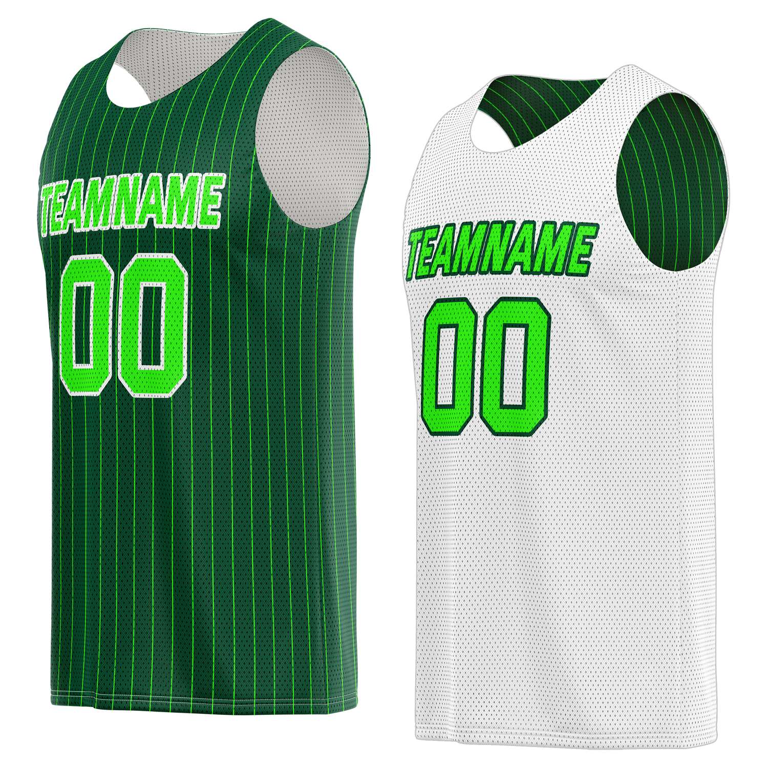Custom Reversible Green White Pinstripe Basketball Jersey, Personalized Team Name Number Breathable Mesh Uniform for Men Women Youth