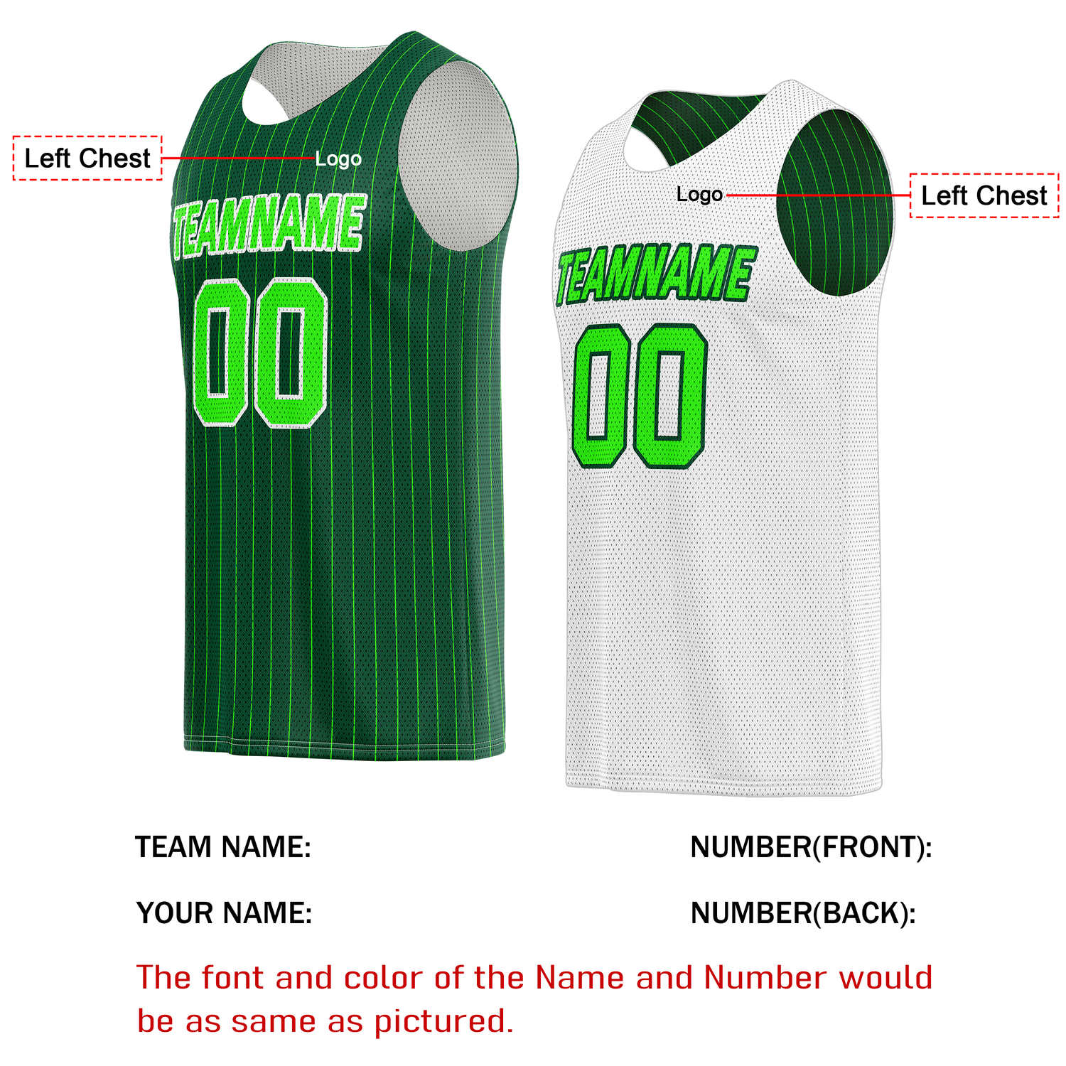 Custom Reversible Green White Striped Basketball Jersey | Personalized Team Name, Number & LOGO | Vosoli