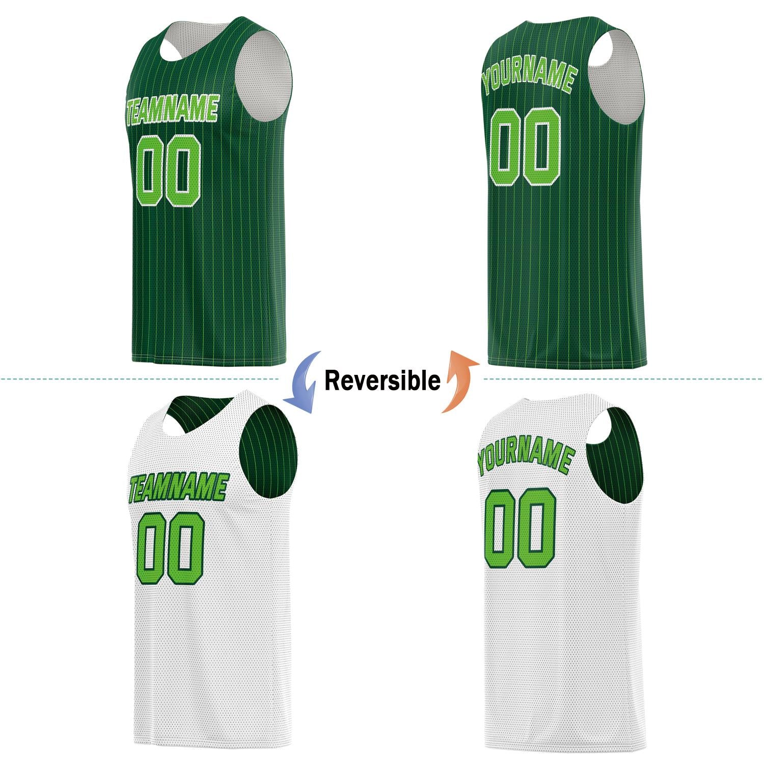 Custom Reversible Green White Striped Basketball Jersey | Personalized Team Name, Number & LOGO | Vosoli