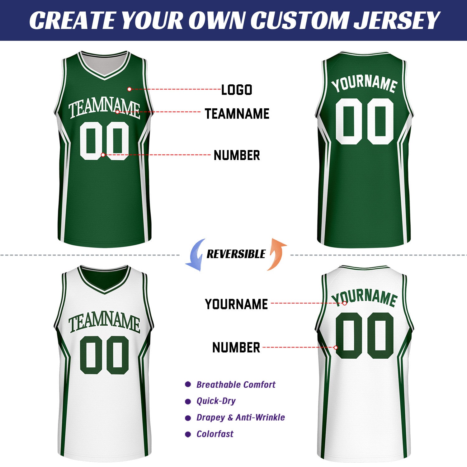 Custom Green & White Reversible Basketball Uniform Set | Personalized School Team Uniforms for Adult & Youth