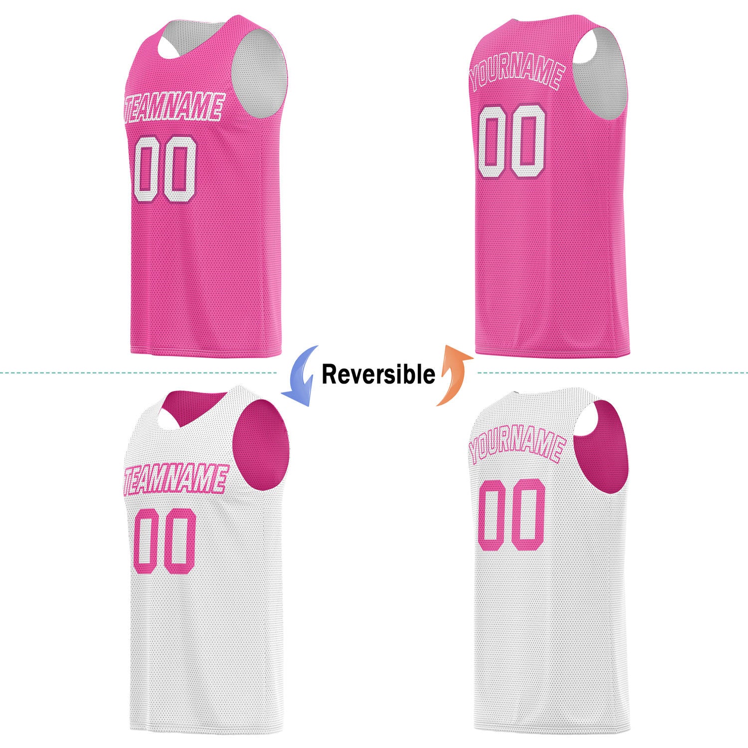 Custom Reversible Hot Pink White Basketball Jersey | Personalized Team Name & Number - Vosoli