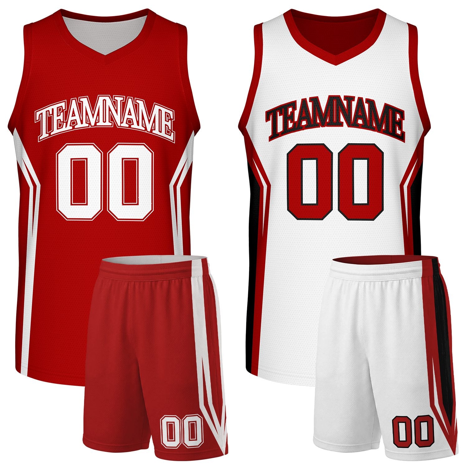 Custom Reversible Red White Junior High Basketball Uniform Set With Team Name & Number. Factory-Direct, Fast Shipping.