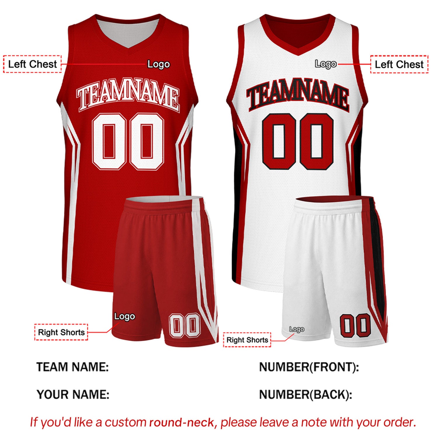 Custom Red & White Two Sided Basketball Uniform Set | Personalized Team Uniforms for Adult & Youth