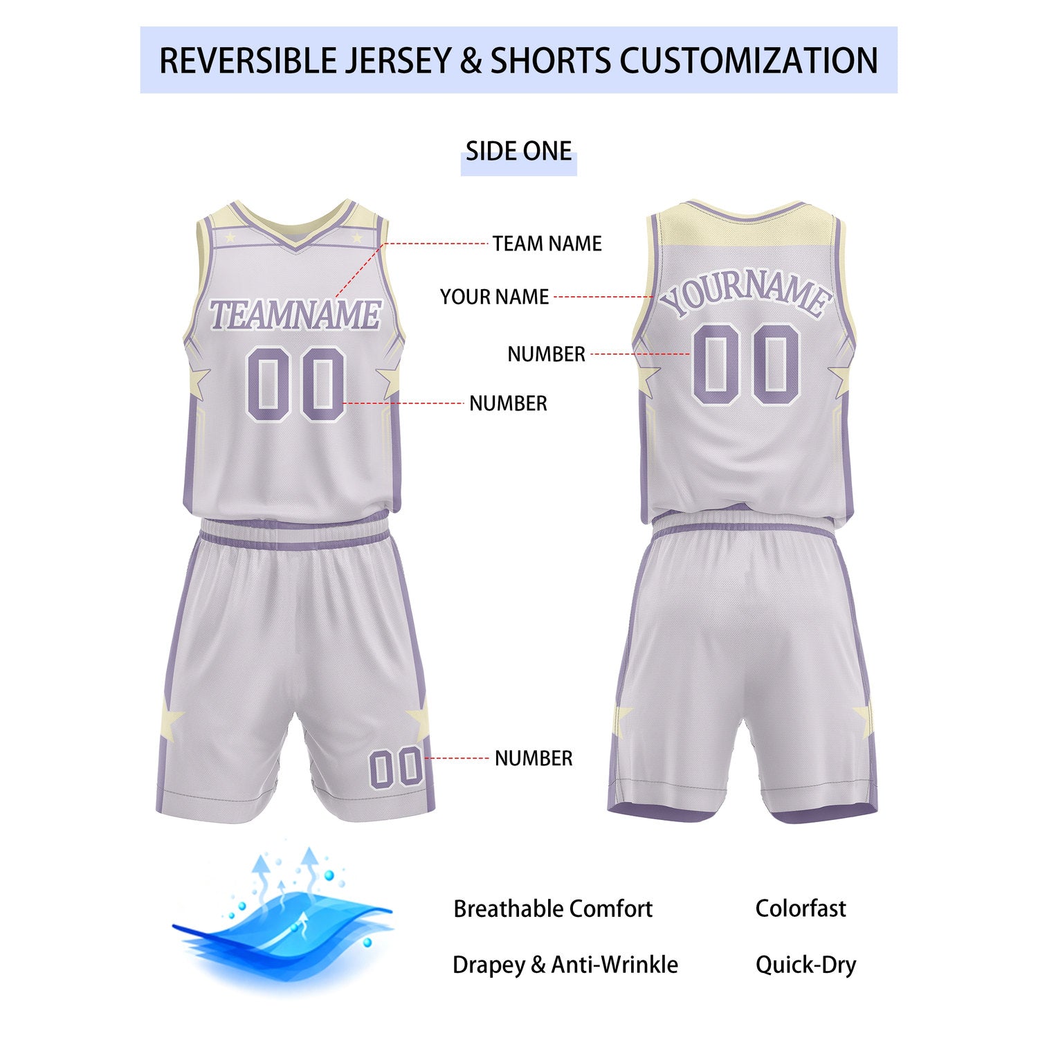 Custom Reversible Lavender Star Basketball Uniform Set | Team Name & Number - Vosoli