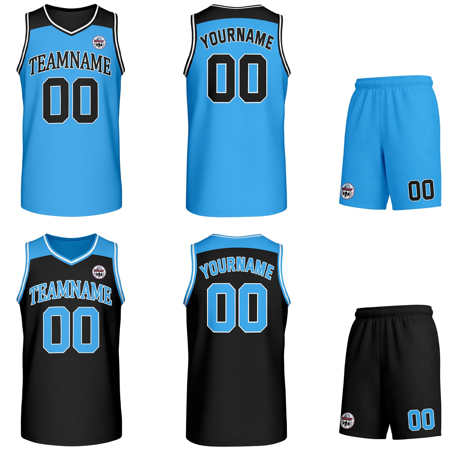 Custom reversible light blue & black basketball uniform set, personalized with team name number and logo, breathable mesh fabric for men women youth game practice - Vosoli