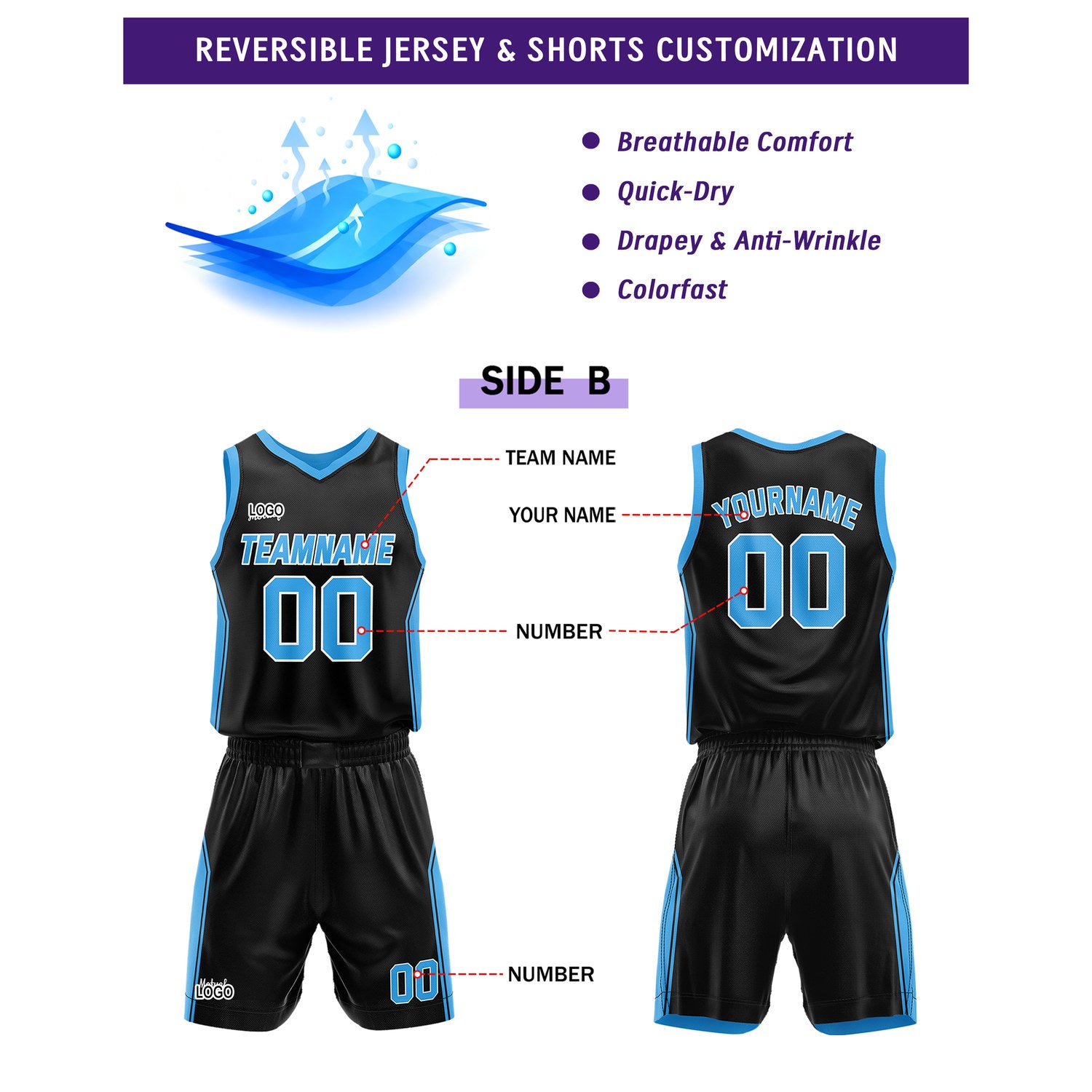 Custom Reversible Light Blue Black Basketball Uniform Set | Personalized Name & Number - Vosoli