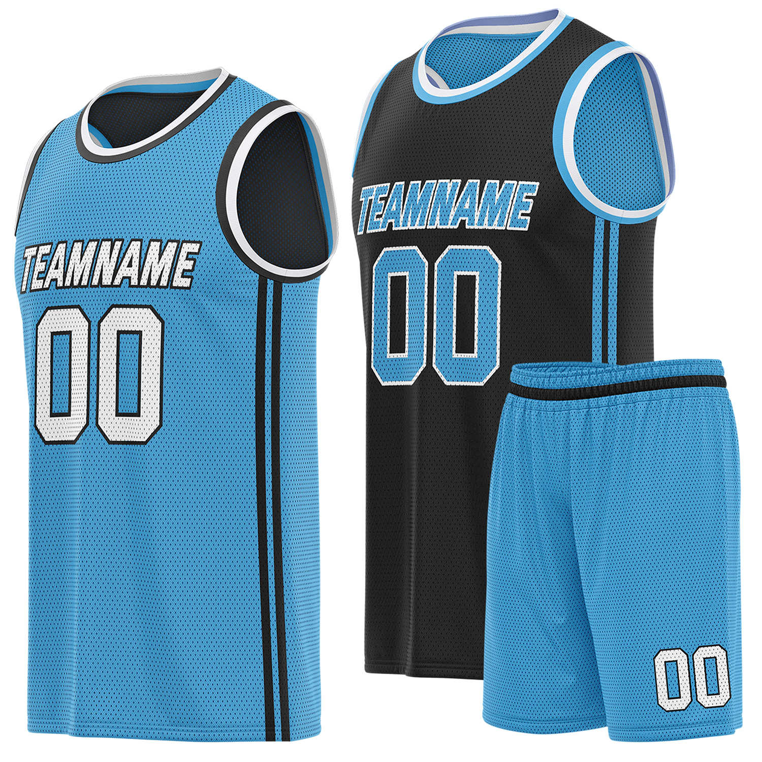 Custom reversible blue & black basketball uniform (jersey + shorts), personalized team name number logo breathable mesh sports set for men women youth game practice - Vosoli