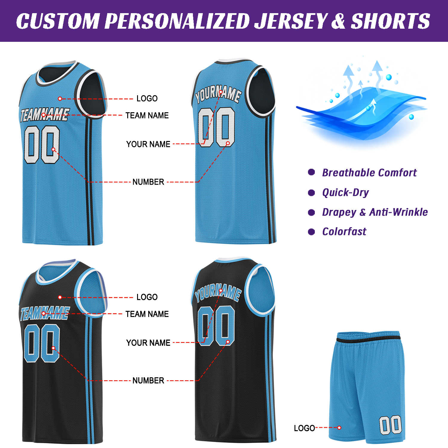 Custom Reversible Light Blue & Black Basketball Uniform | Jersey & Shorts Set - Vosoli