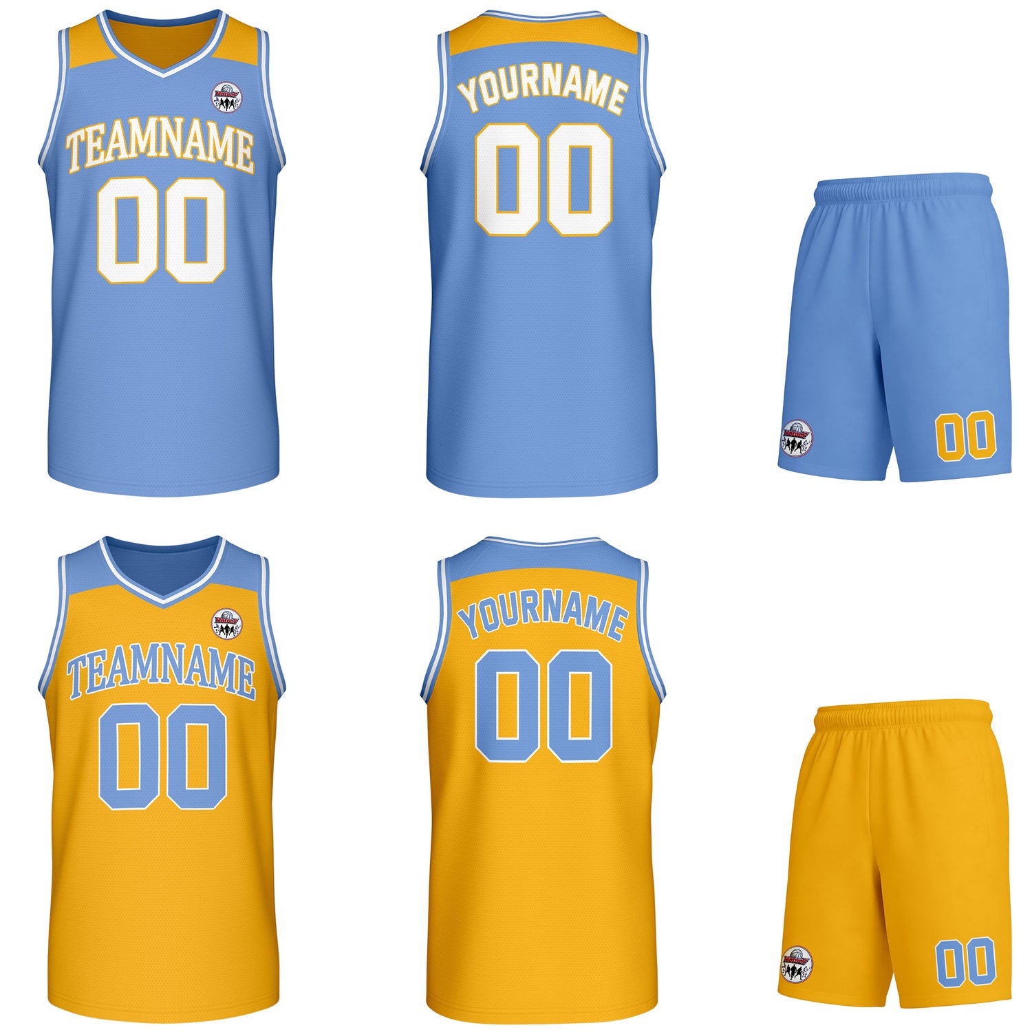 Custom reversible light blue & gold basketball uniform set, personalized with team name number and logo, breathable mesh fabric for men women youth game practice - Vosoli