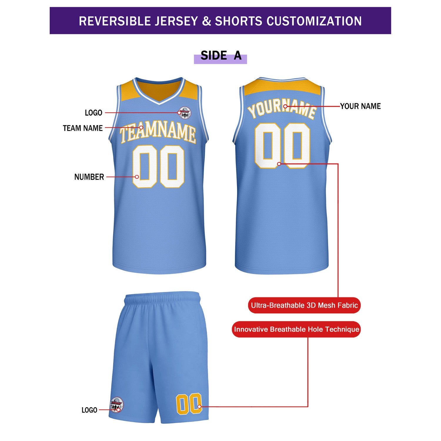 Custom Reversible Light Blue Gold Basketball Uniform Set | Team Name & Number - Vosoli