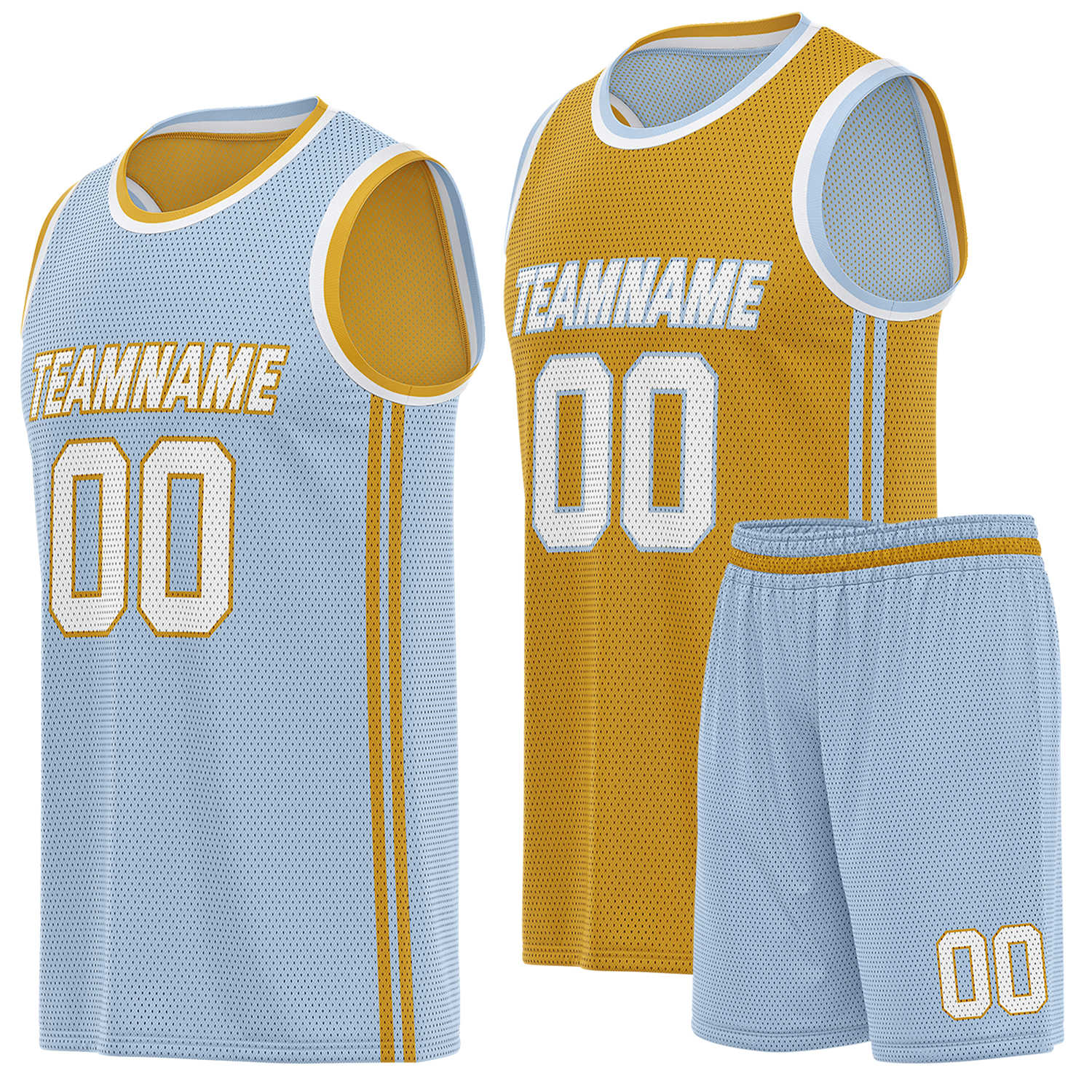 Custom reversible light blue & gold basketball uniform (jersey + shorts), personalized team name number logo breathable mesh sports set for men women youth game practice - Vosoli