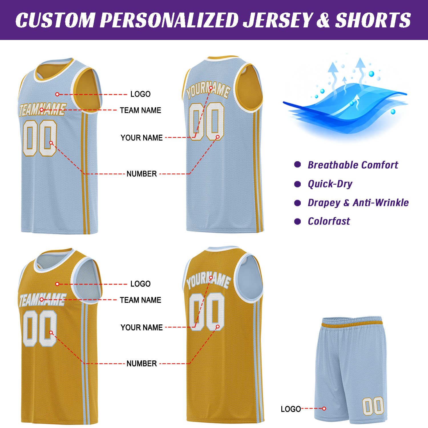 Custom Reversible Light Blue & Gold Basketball Uniform | Jersey & Shorts Set - Vosoli
