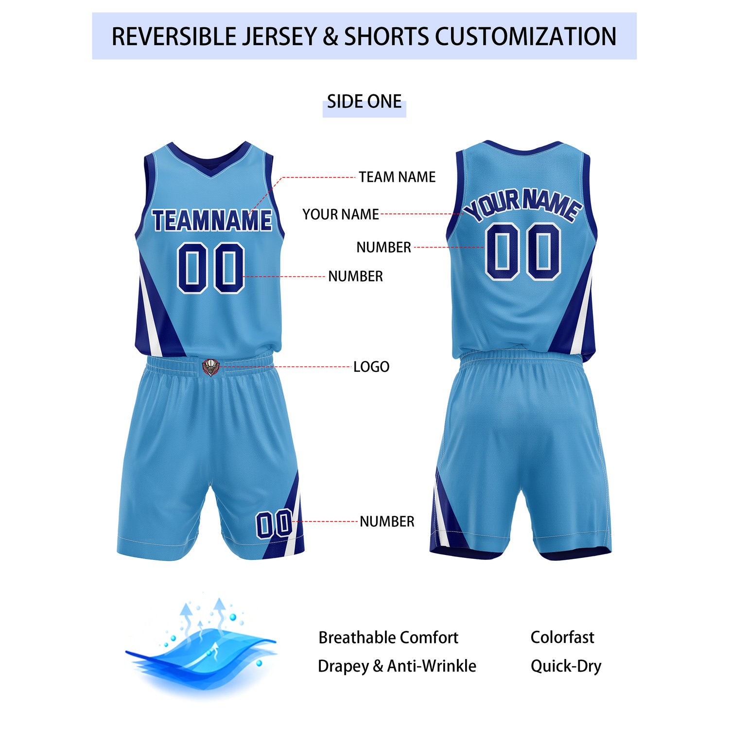 Custom Reversible Light Blue Navy Basketball Uniform Set | Team & Player Name - Vosoli