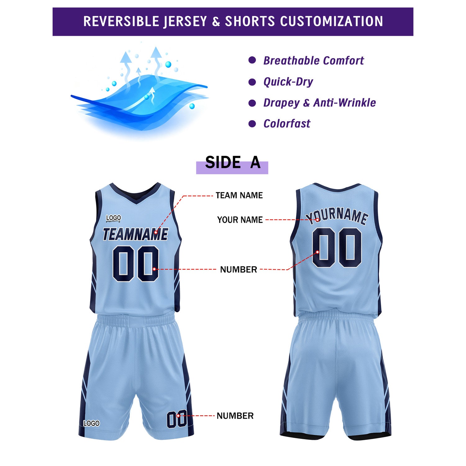 Custom Light Blue Navy Basketball Uniforms for Youth & Adults - Reversible Jersey Set - Vosoli