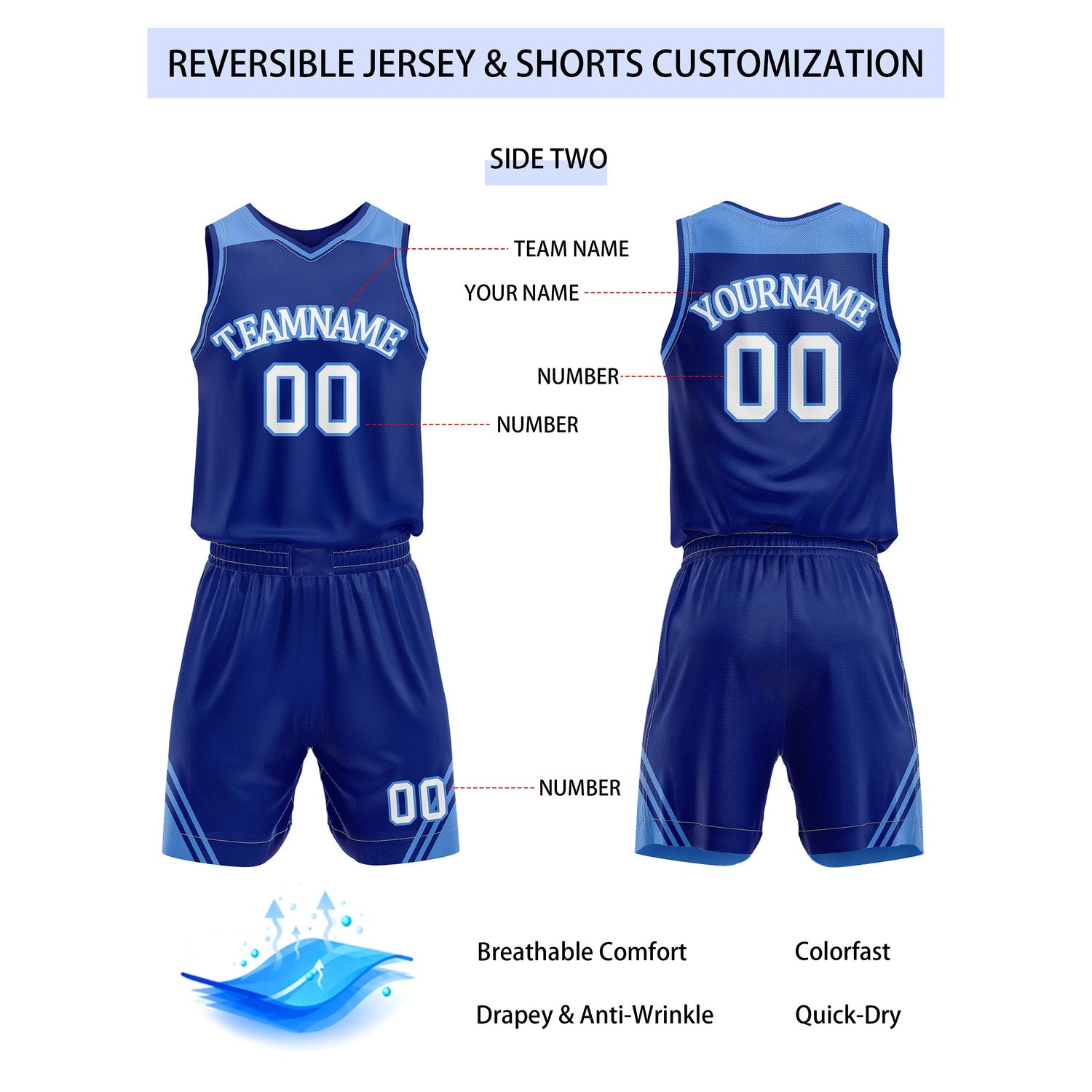 Custom Reversible Light Blue Navy Basketball Uniform Set | Team Name & Number - Vosoli