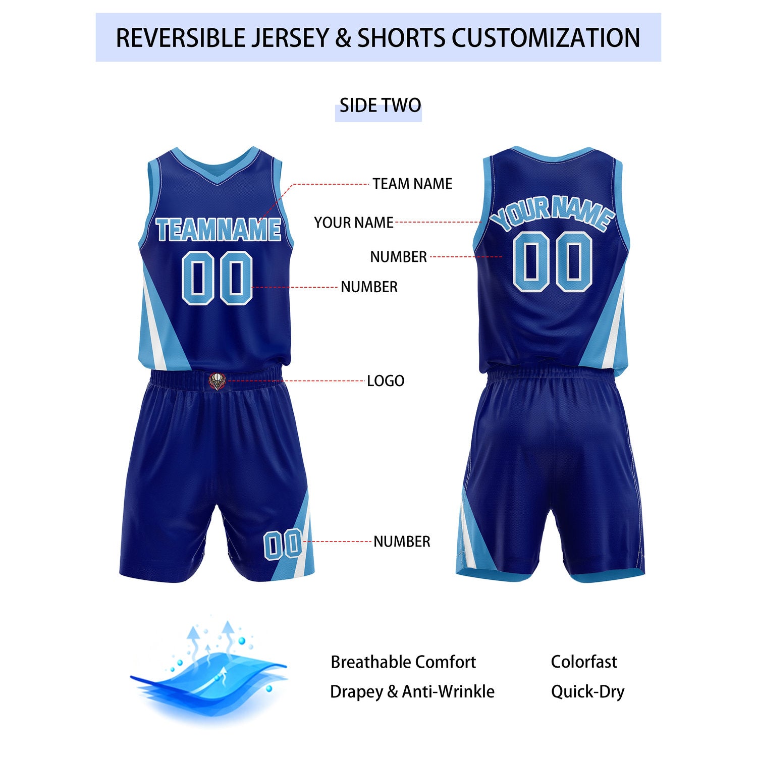 Custom Reversible Light Blue Navy Basketball Uniform Set | Team & Player Name - Vosoli