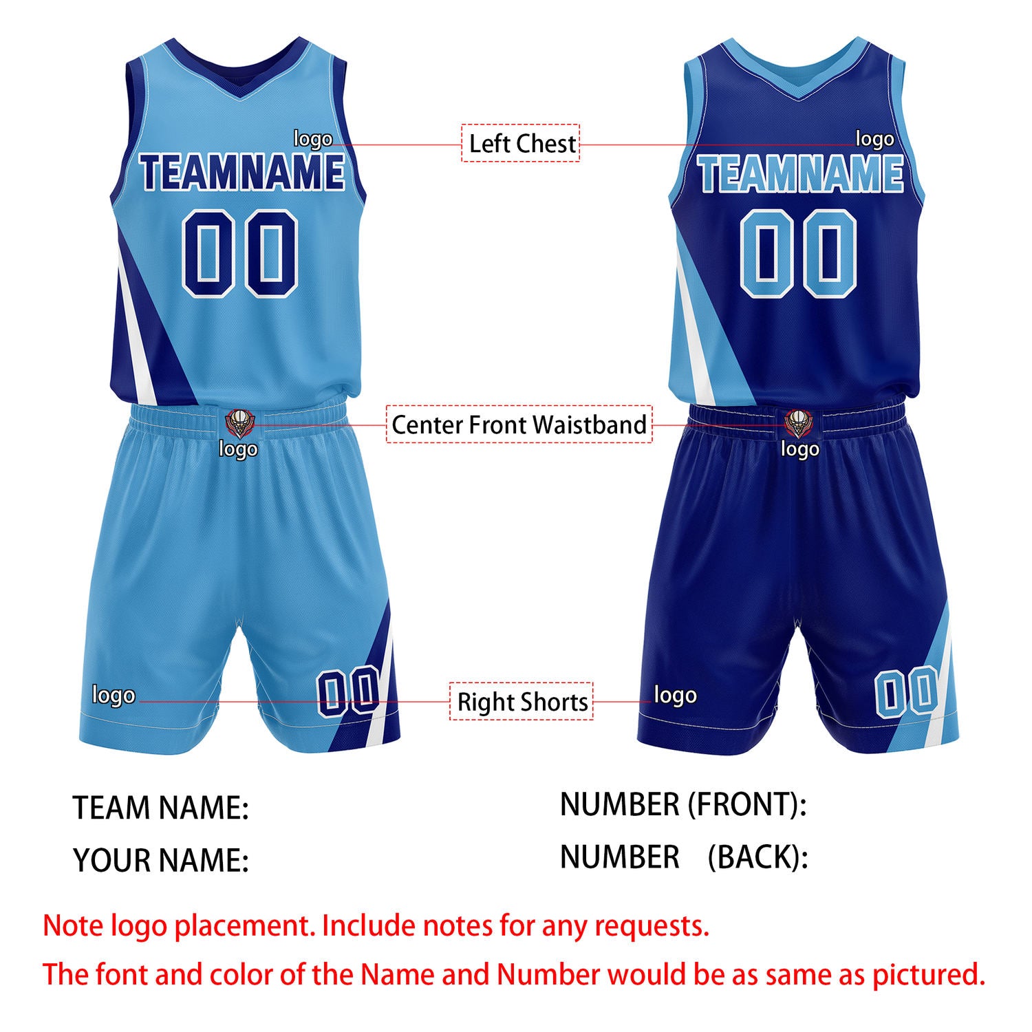 Custom Reversible Light Blue Navy Basketball Uniform Set | Team & Player Name - Vosoli
