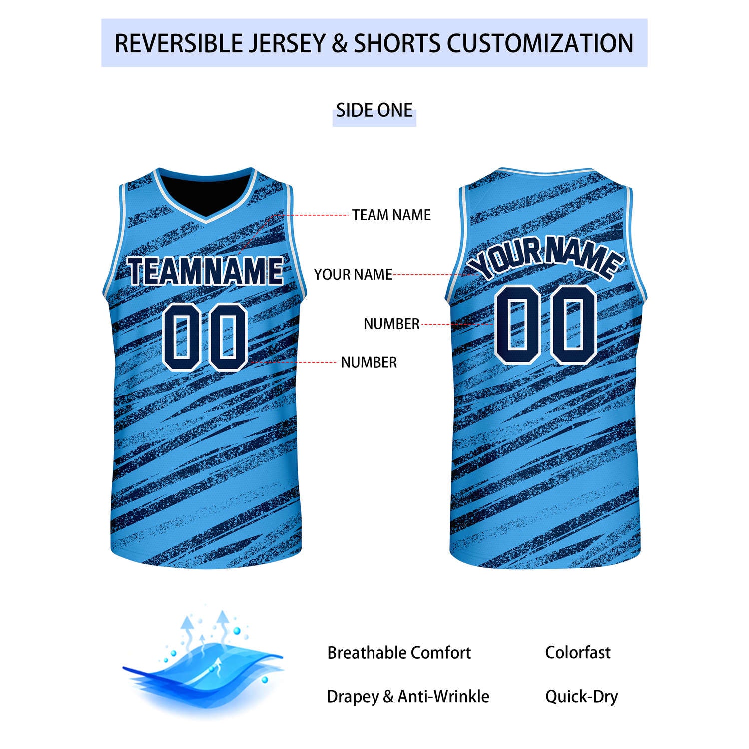 Custom Reversible Light Blue Navy Clean Basketball Jersey | Team & Player Name - Vosoli