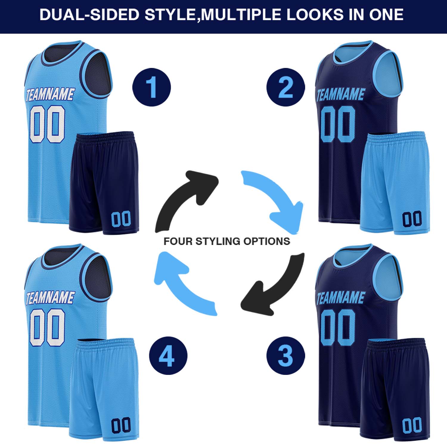 Custom Reversible Light Blue & Navy Basketball Uniform (Jersey + Shorts) | Personalized Team Set | Vosoli