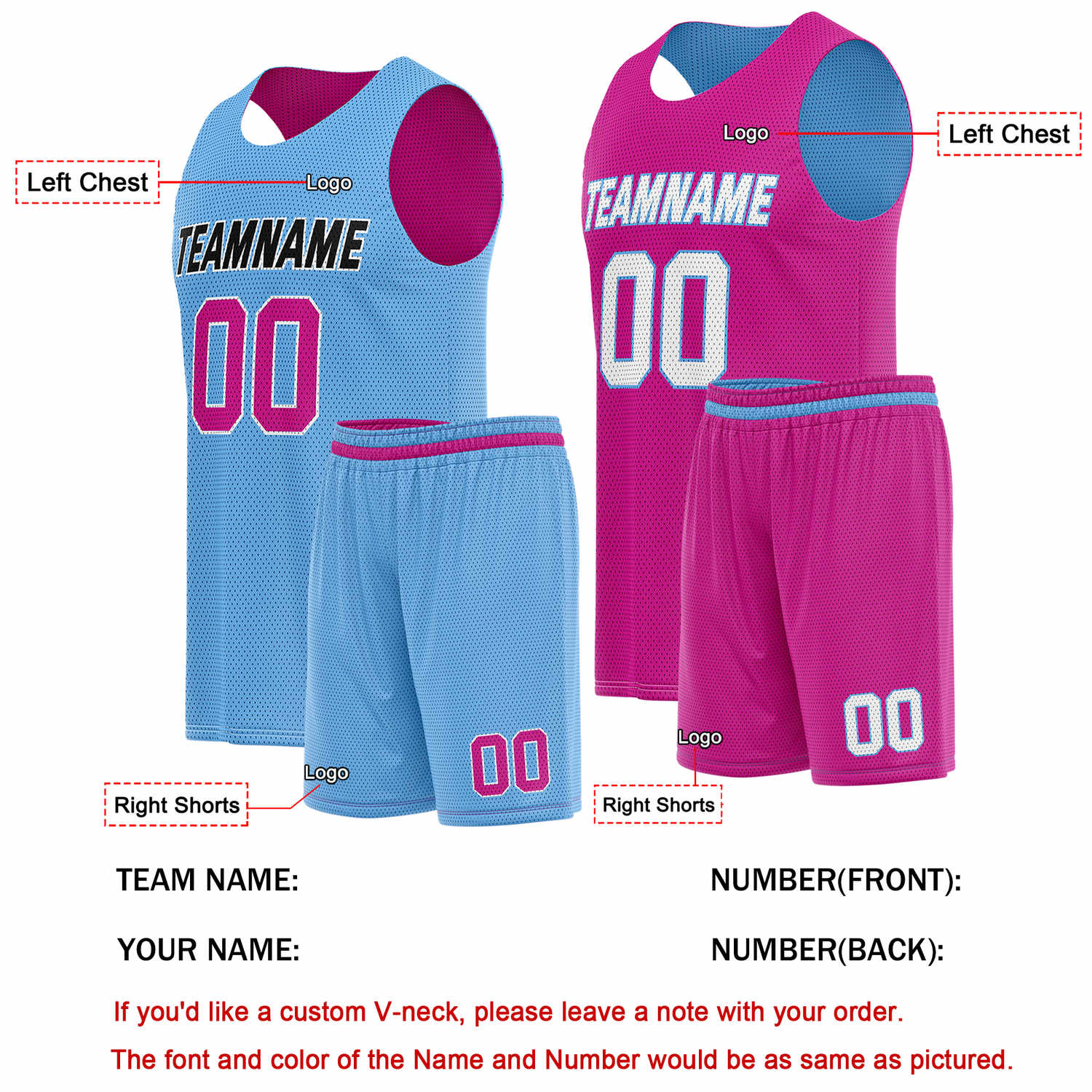 Custom Reversible Light Blue Pink Basketball Uniform Set | Team Name & Number - Vosoli