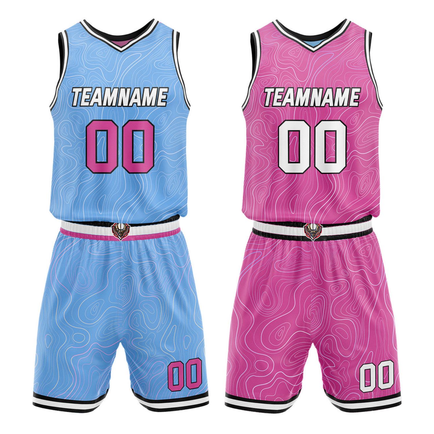 Custom Reversible Light Blue & Pink Wave Basketball Jersey Set - Personalized Team Name, Number & LOGO | Vosoli