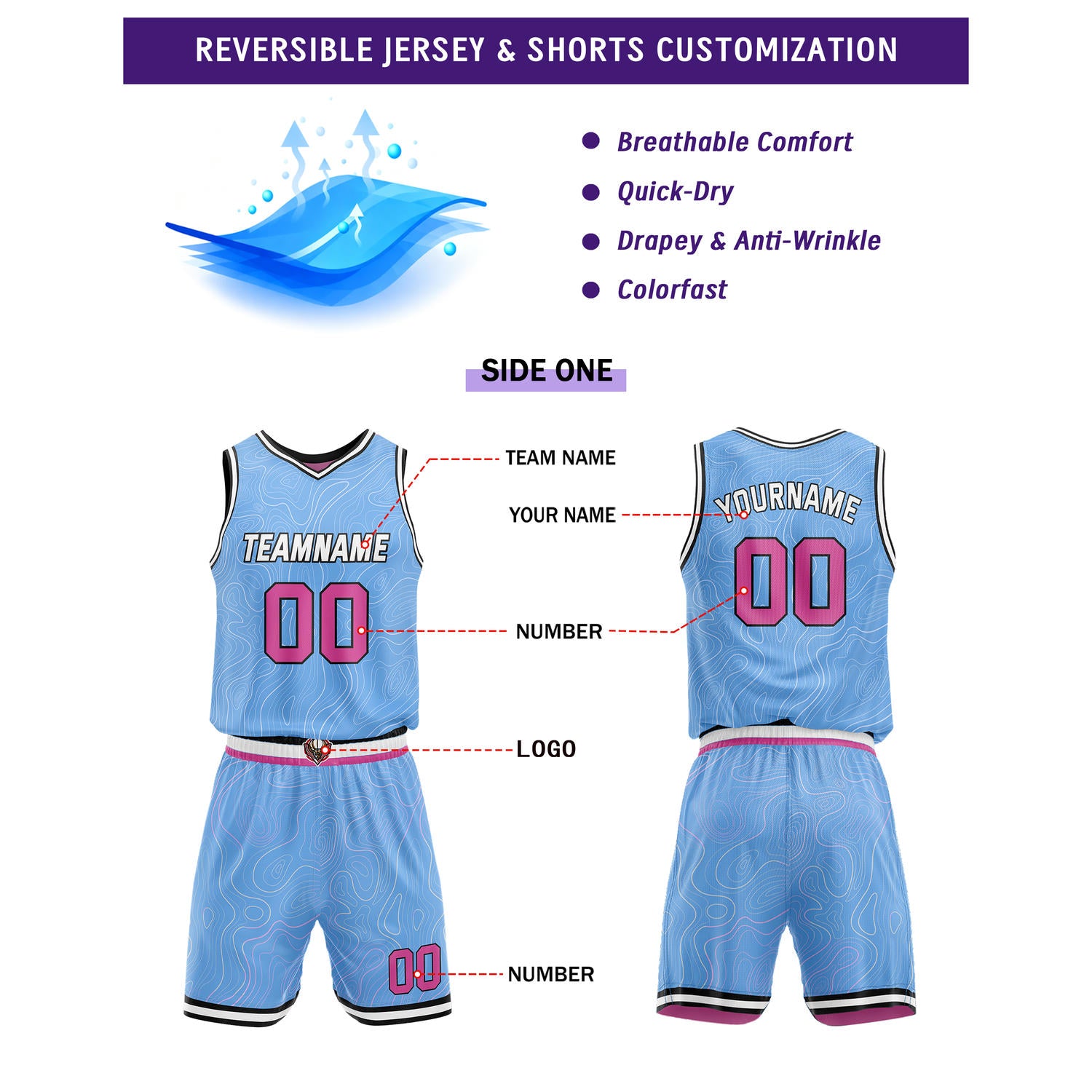 Custom Reversible Light Blue & Pink Wave Basketball Jersey Set - Personalized Team Name, Number & LOGO | Vosoli