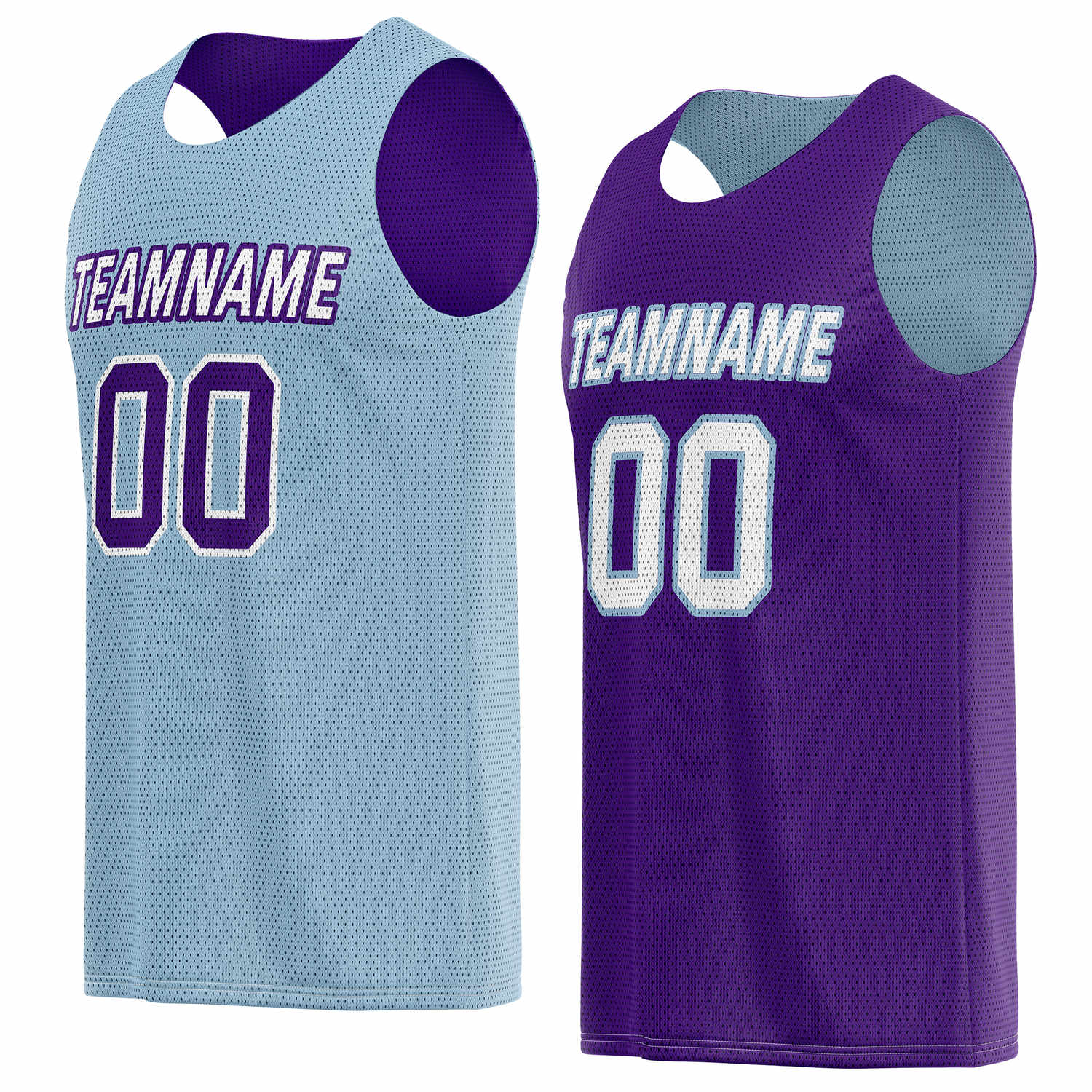 Custom reversible light blue & purple basketball jersey, personalized team name number logo breathable mesh sports top for men women youth game practice wear - Vosoli