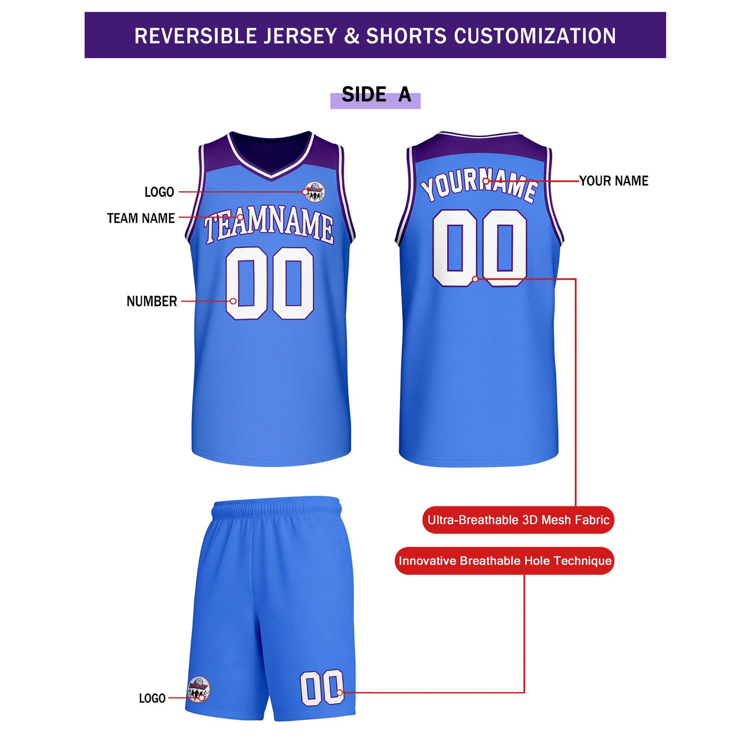 Custom Reversible Light Blue Purple Basketball Uniform Set | Team Name & Number - Vosoli