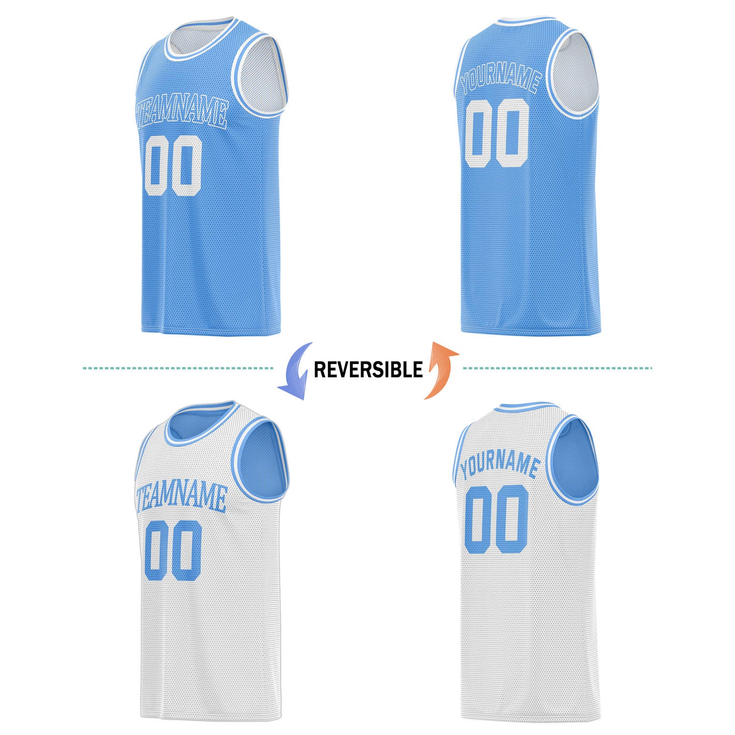 Custom Reversible Light Blue & White Basketball Jersey | Personalized Team Name & Number - Vosoli