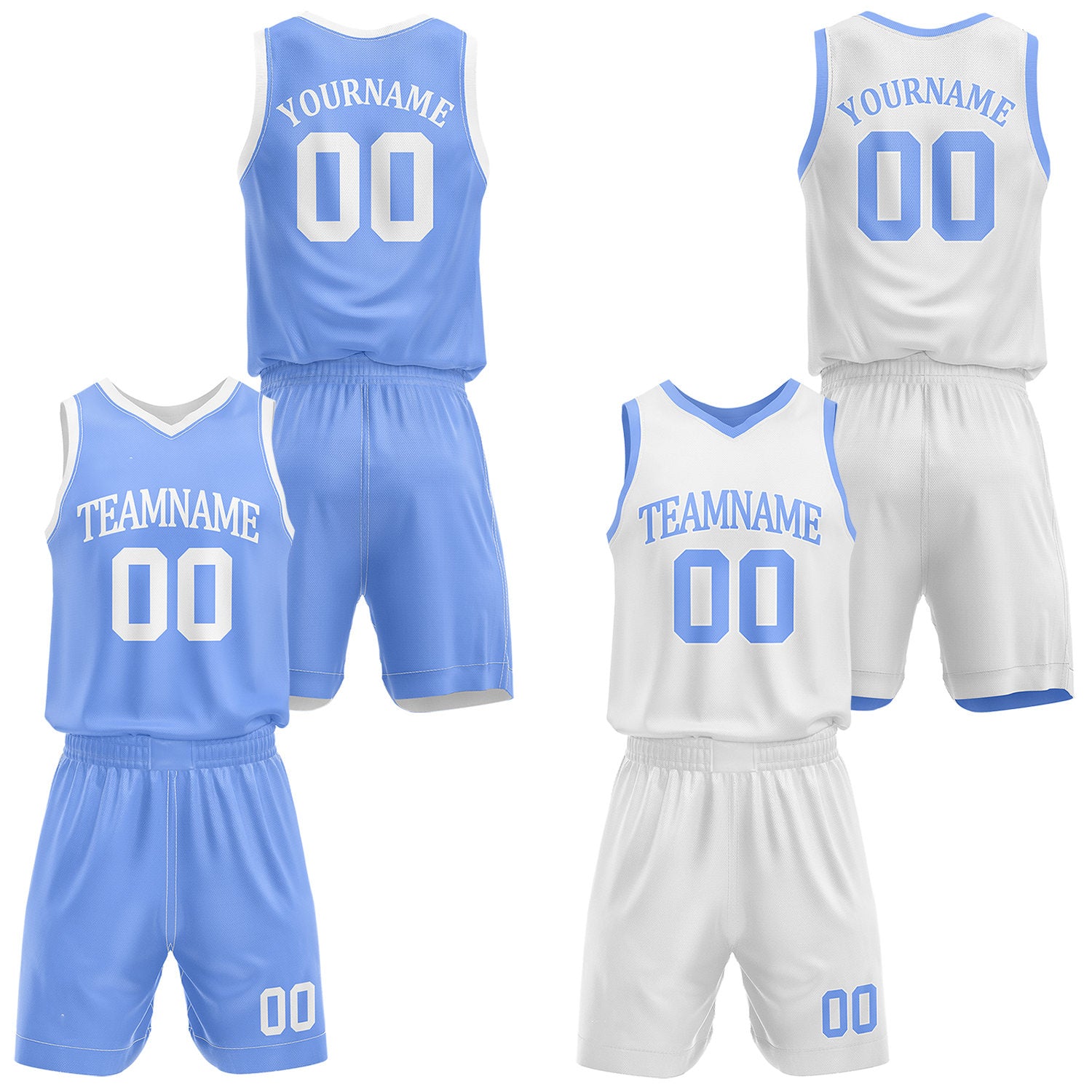 Custom reversible light blue & white basketball uniform set, personalized with team name number and logo, sports jersey and shorts for men women youth game practice - Vosoli