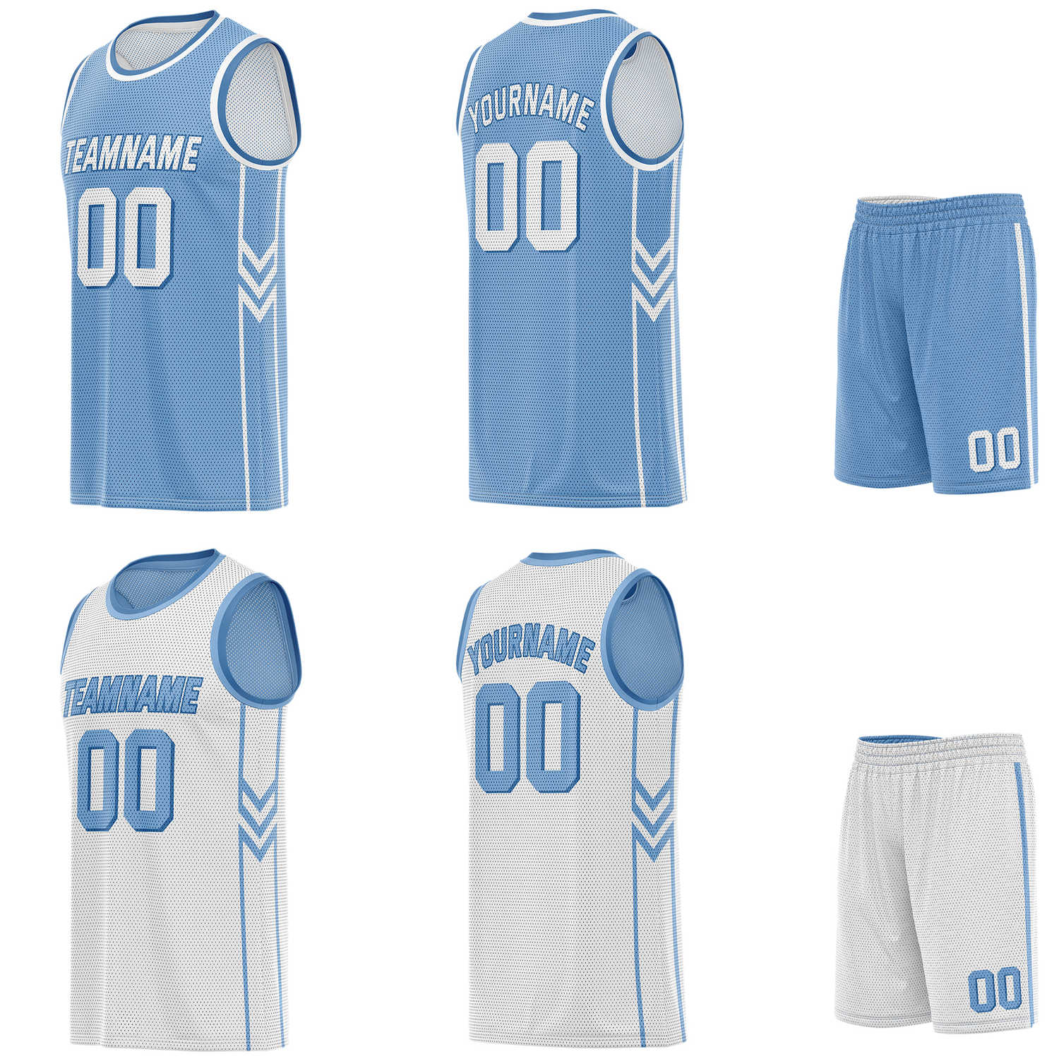 Custom reversible light blue & white basketball uniform set, personalized with team name number and logo, breathable mesh fabric for men women youth game practice - Vosoli
