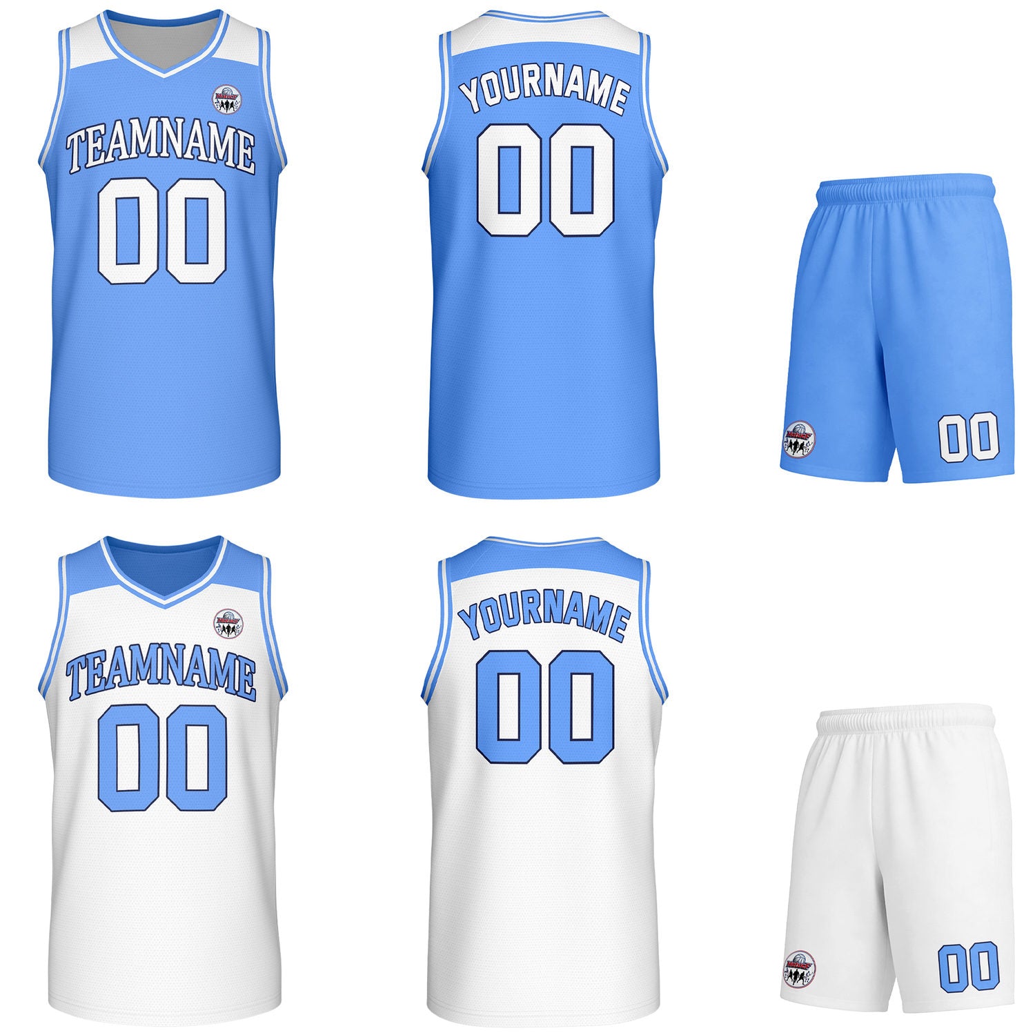 Custom reversible light blue & white basketball uniform set, personalized with team name number and logo, breathable mesh fabric for men women youth game practice - Vosoli