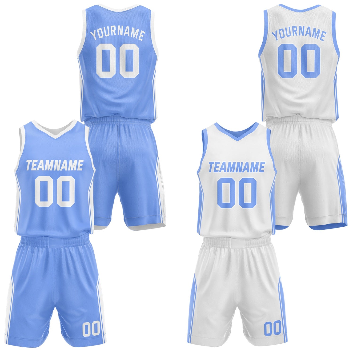 Custom Reversible Light Blue White Basketball Jersey and Shorts Set, Personalized Team Name Number Breathable Mesh Uniform for Men Women Youth