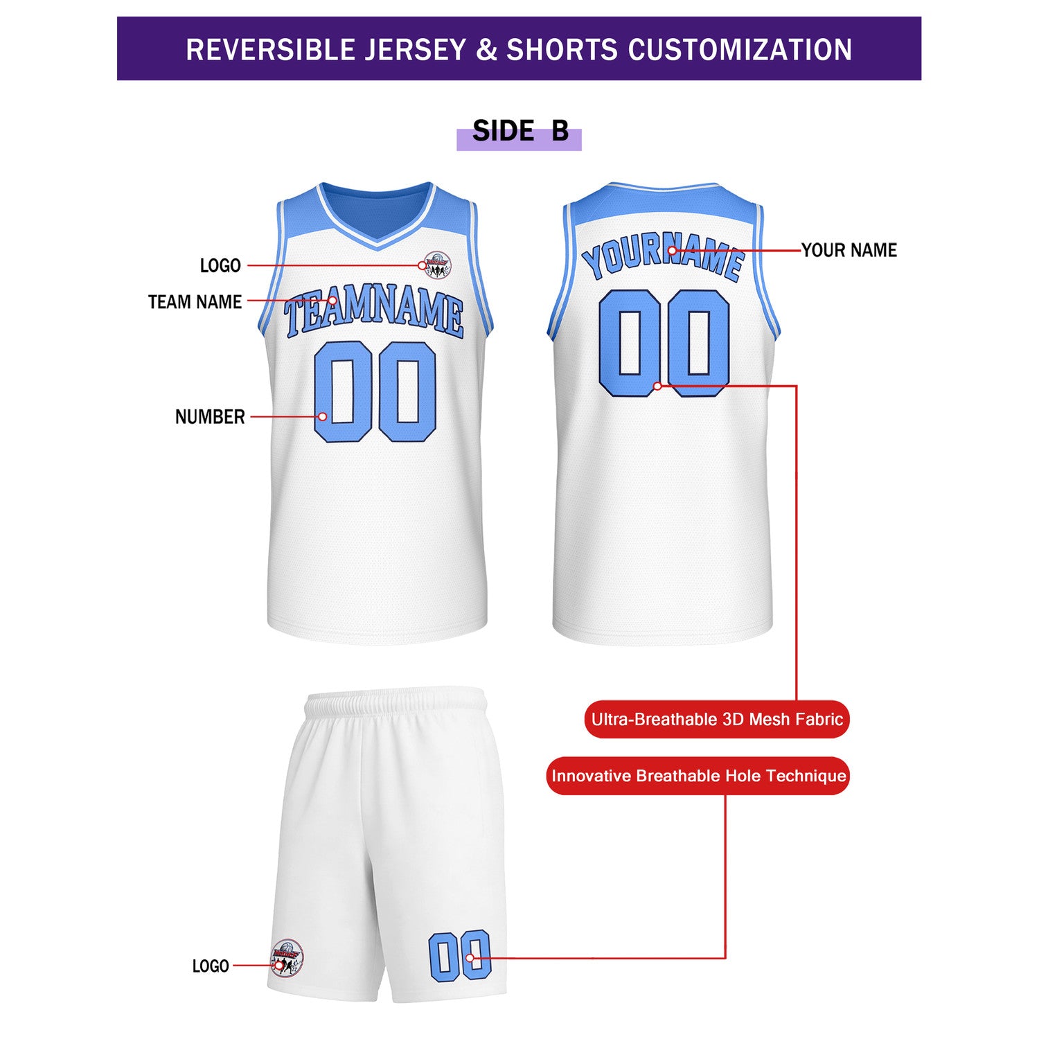 Custom Reversible Light Blue White Basketball Uniform Set | Team Name & Number - Vosoli