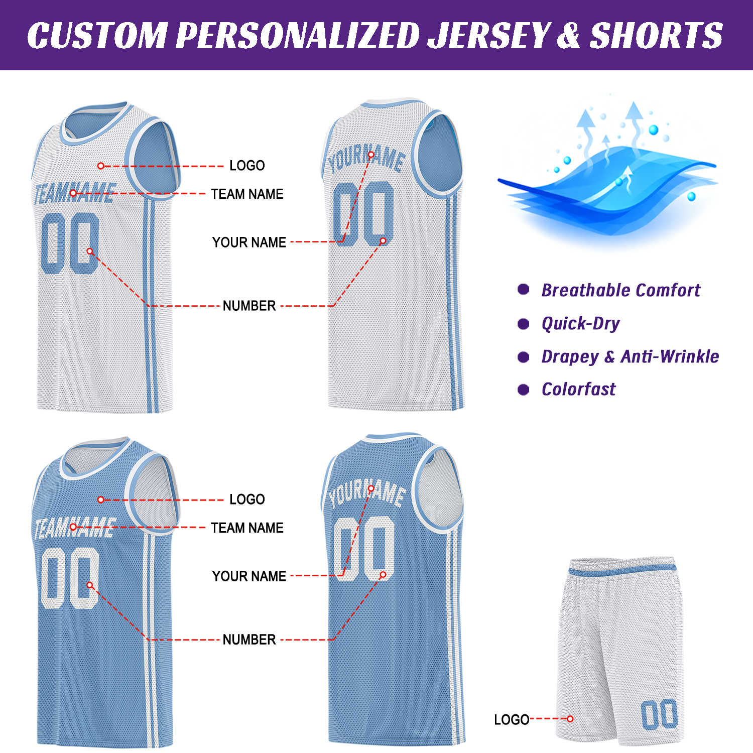 Custom Reversible Light Blue & White Basketball Uniform | Jersey & Shorts Set - Vosoli