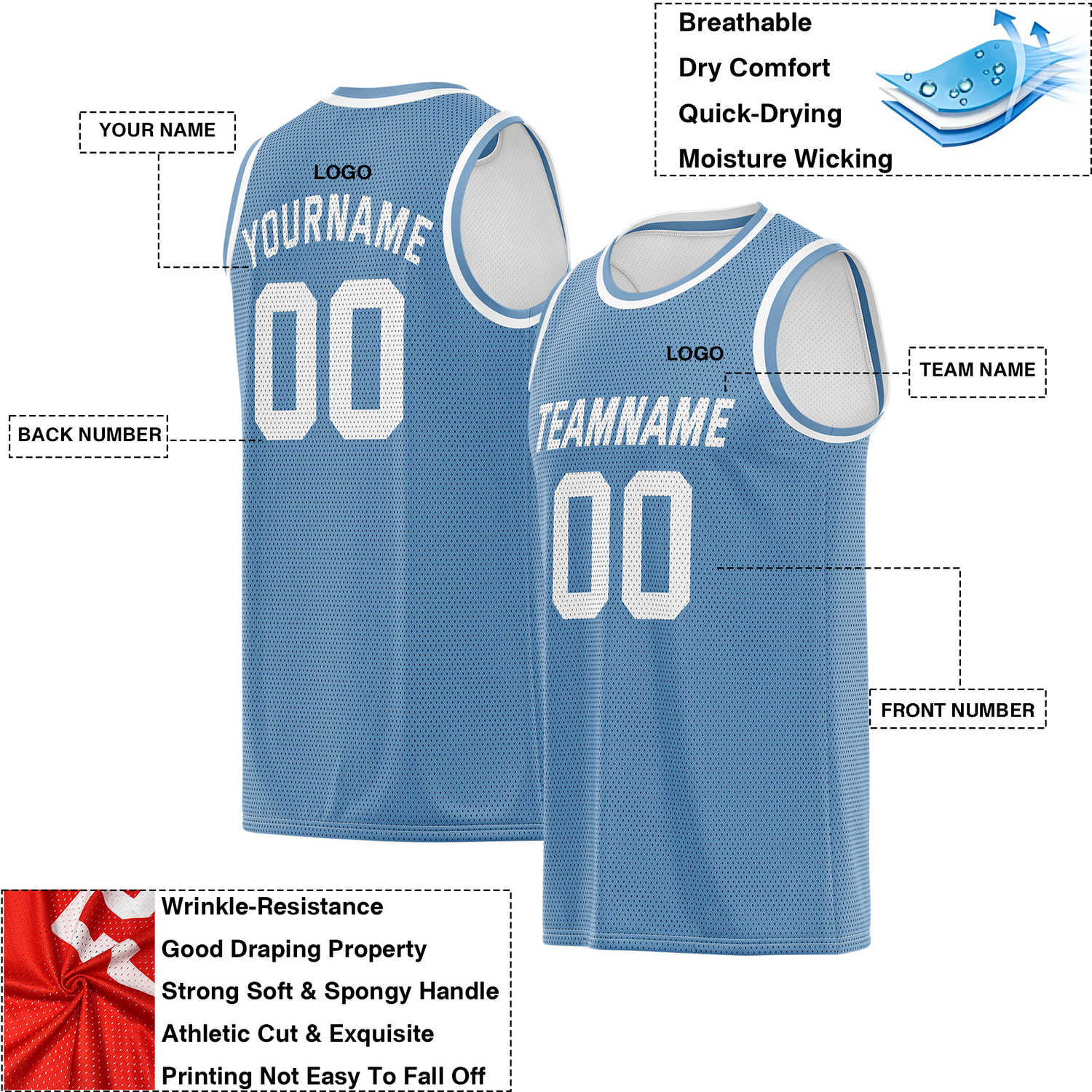 Custom Reversible Light Blue & White Mesh Basketball Jersey | Personalized Team Jersey | Vosoli