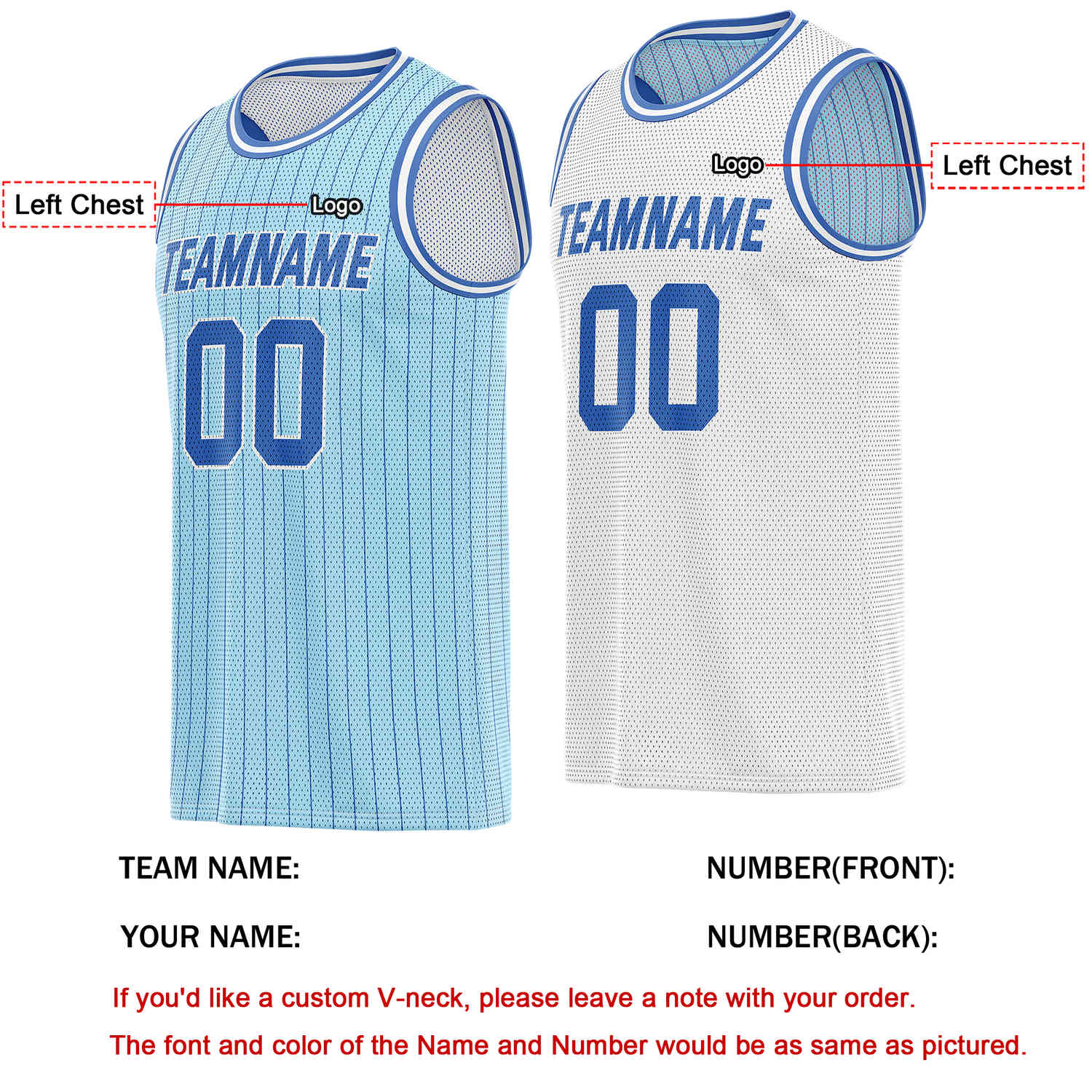 Custom Reversible Light Blue White Striped Mesh Basketball Jersey | Team & Player Name - Vosoli