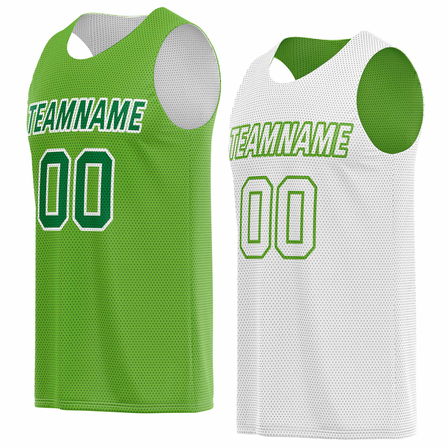 Custom reversible lime green & white basketball jersey, personalized team name number logo breathable mesh sports top for men women youth game practice wear - Vosoli