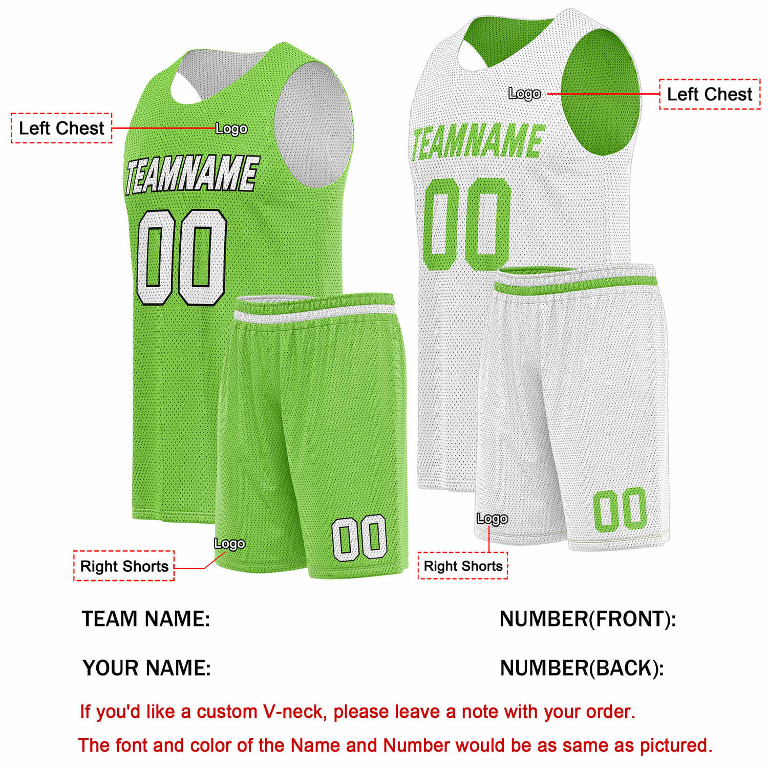 Custom Reversible Lime Green White Basketball Uniform Set | Team Name & Number - Vosoli