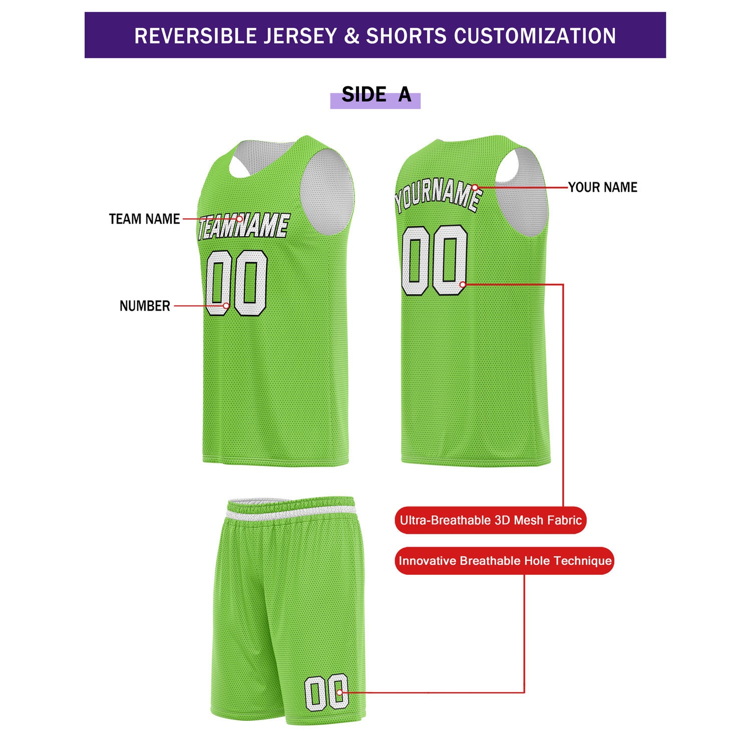 Custom Reversible Lime Green White Basketball Uniform Set | Team Name & Number - Vosoli