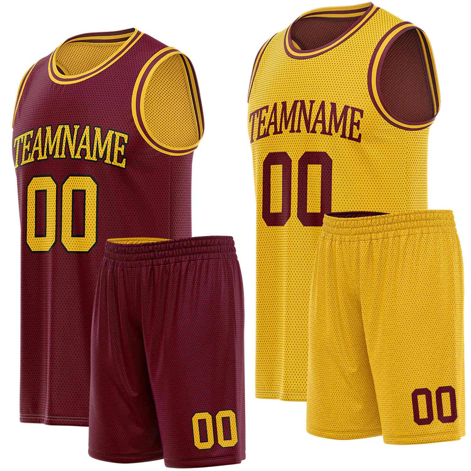 Custom reversible burgundy & yellow basketball uniform set, personalized team name number logo breathable mesh sports jersey and shorts for men women youth game practice - Vosoli