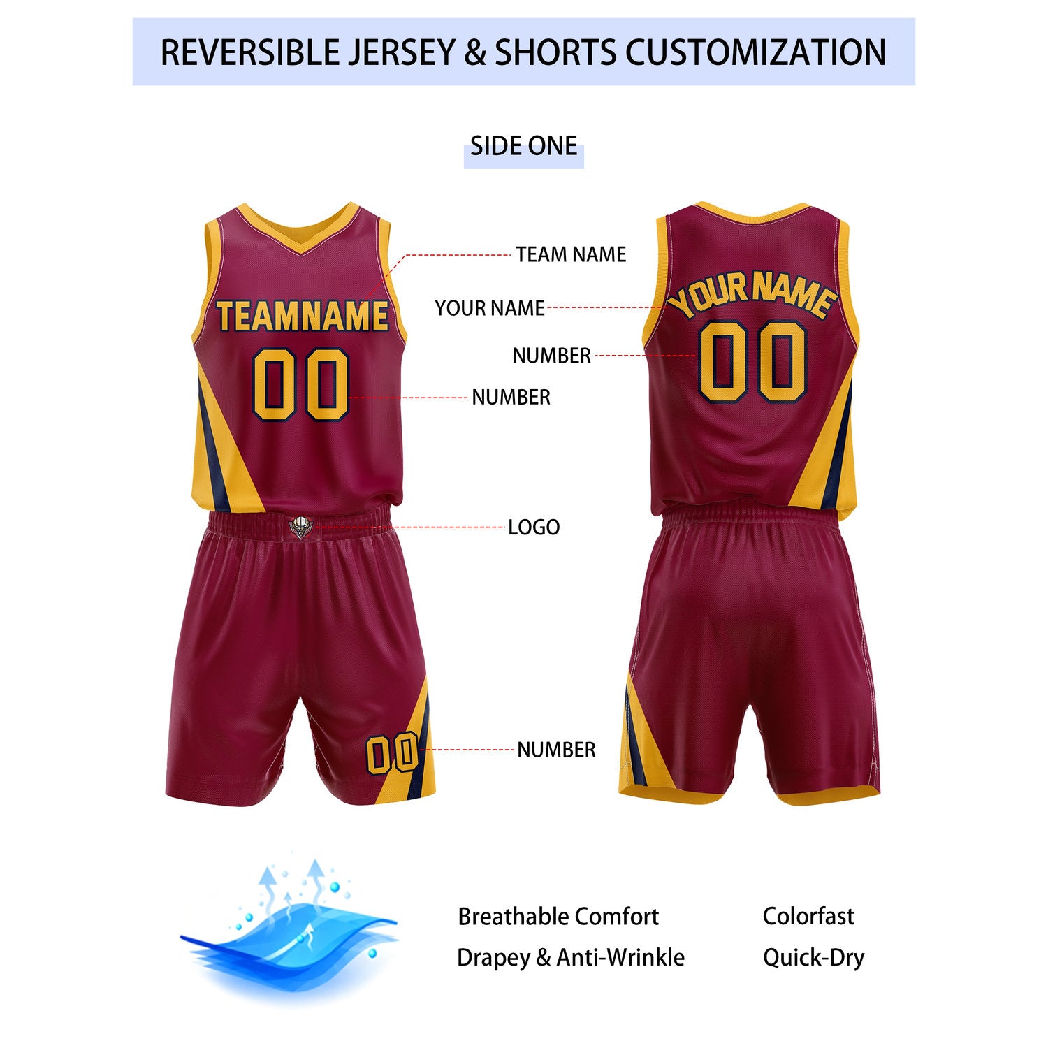Custom Reversible Maroon Gold Basketball Uniform Set | Team & Player Name - Vosoli
