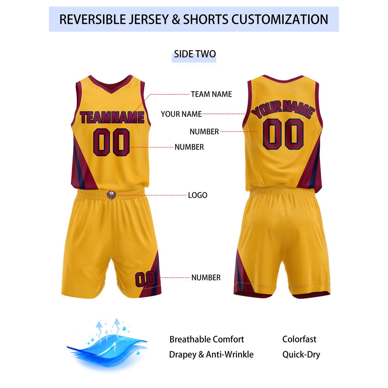 Custom Reversible Maroon Gold Basketball Uniform Set | Team & Player Name - Vosoli