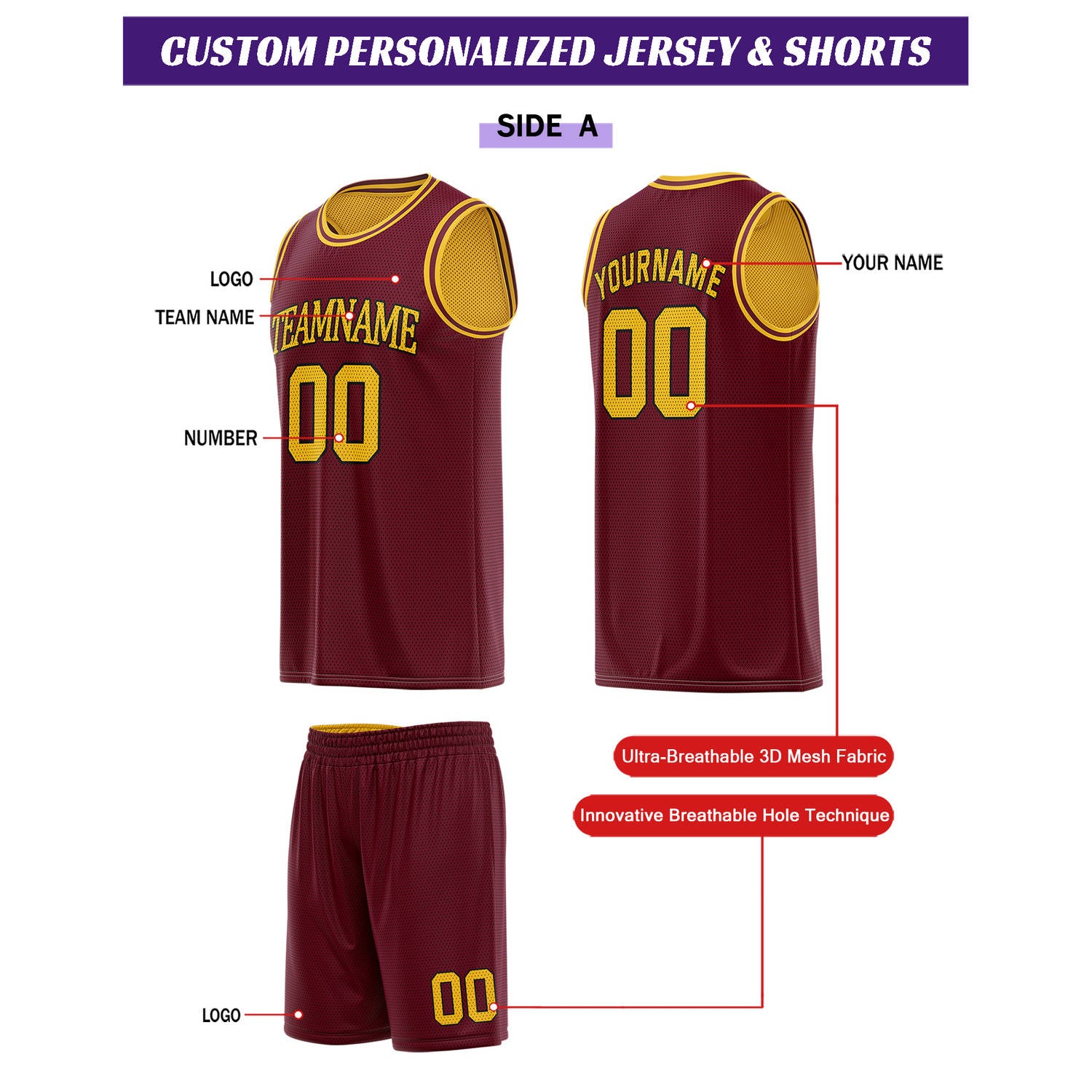 Custom Reversible Maroon & Gold Basketball Uniform Set | Personalized for Team Sports Practice - Vosoli