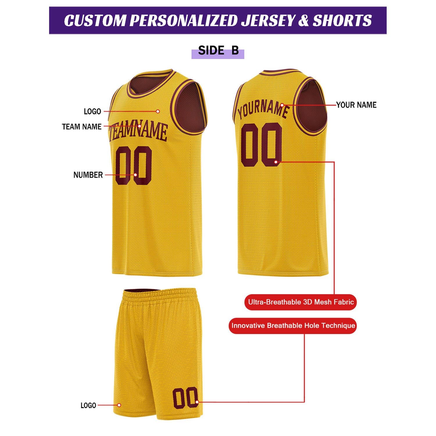 Custom Reversible Maroon & Gold Basketball Uniform Set | Personalized for Team Sports Practice - Vosoli