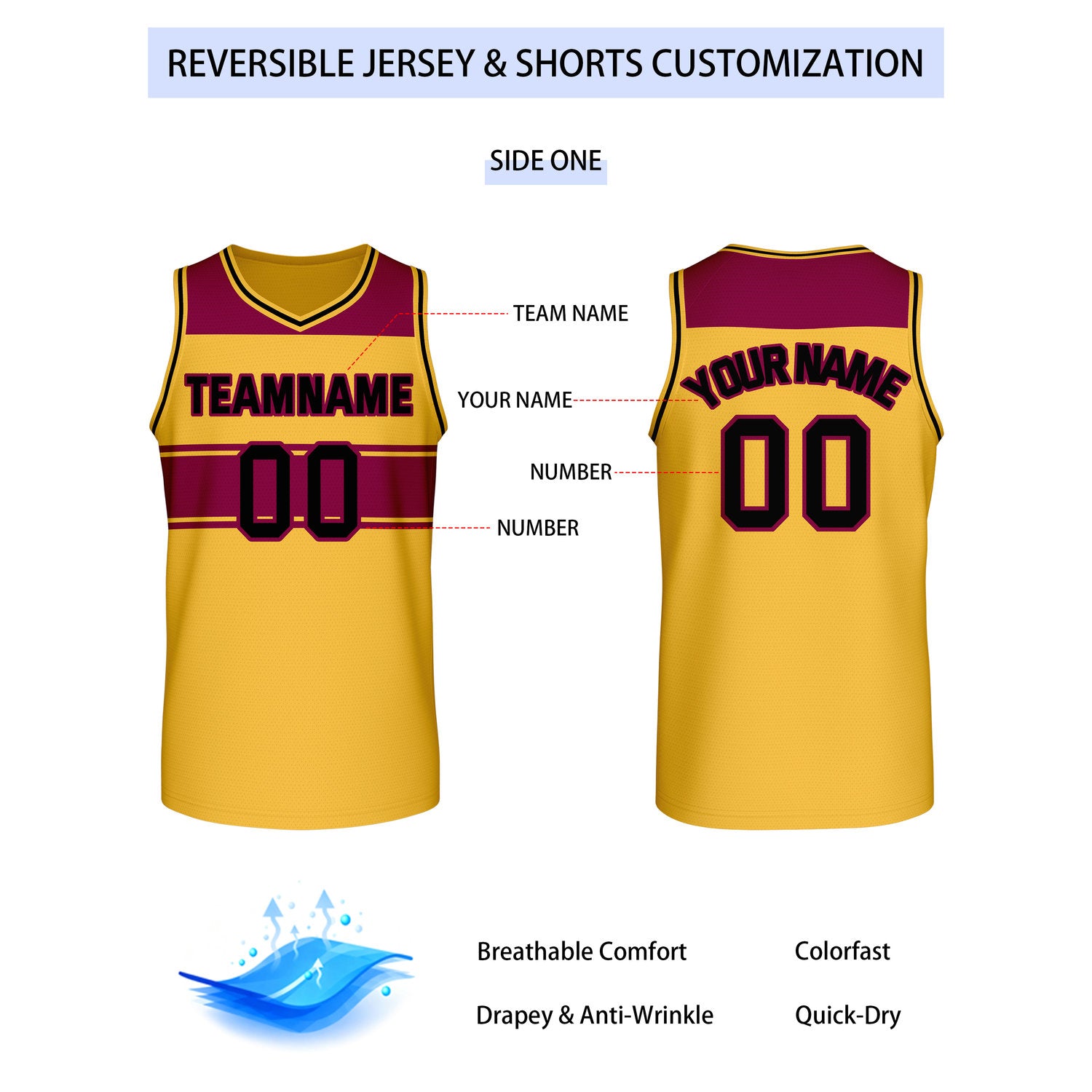 Custom Reversible Maroon Gold Block Basketball Jersey | Team & Player Name - Vosoli