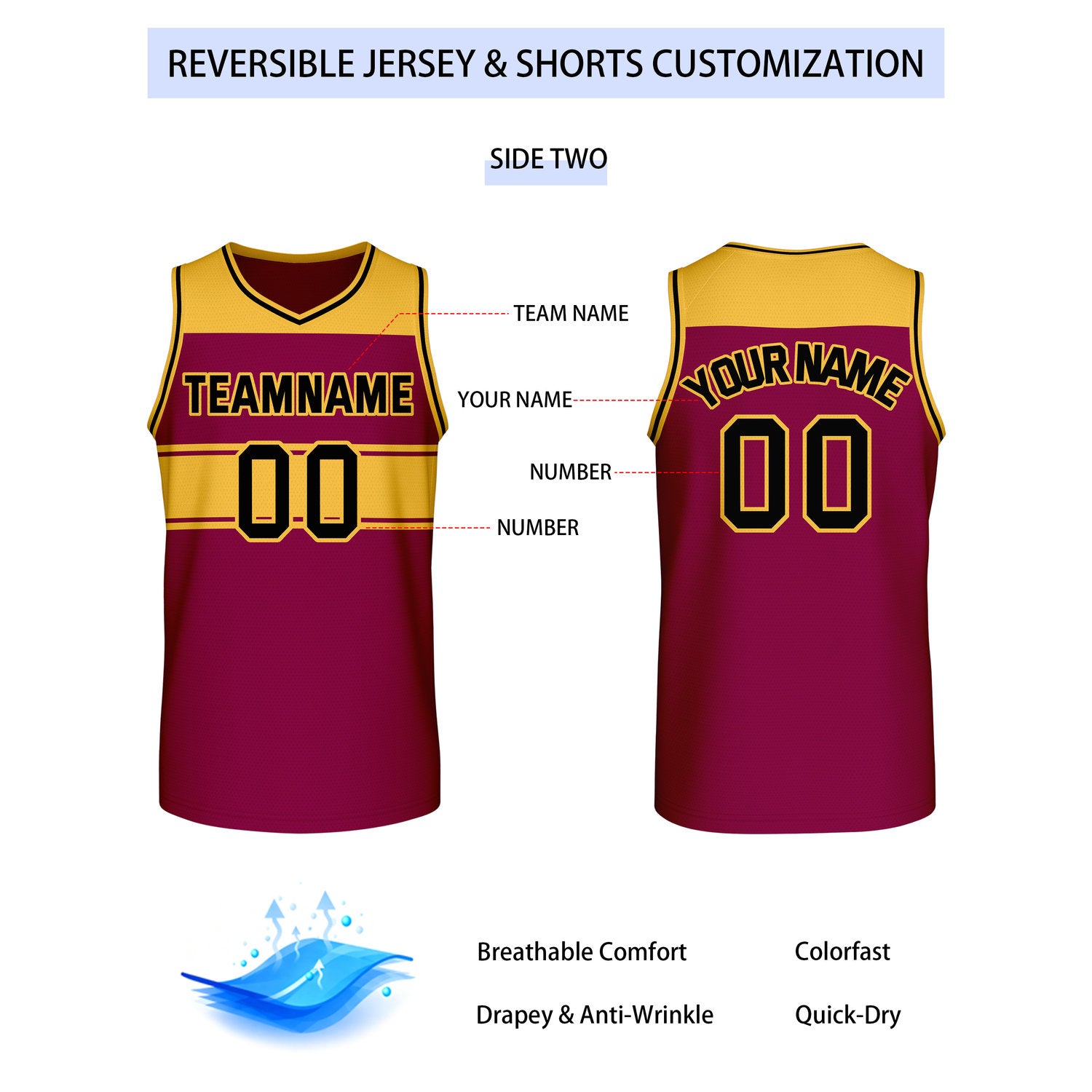 Custom Reversible Maroon Gold Block Basketball Jersey | Team & Player Name - Vosoli