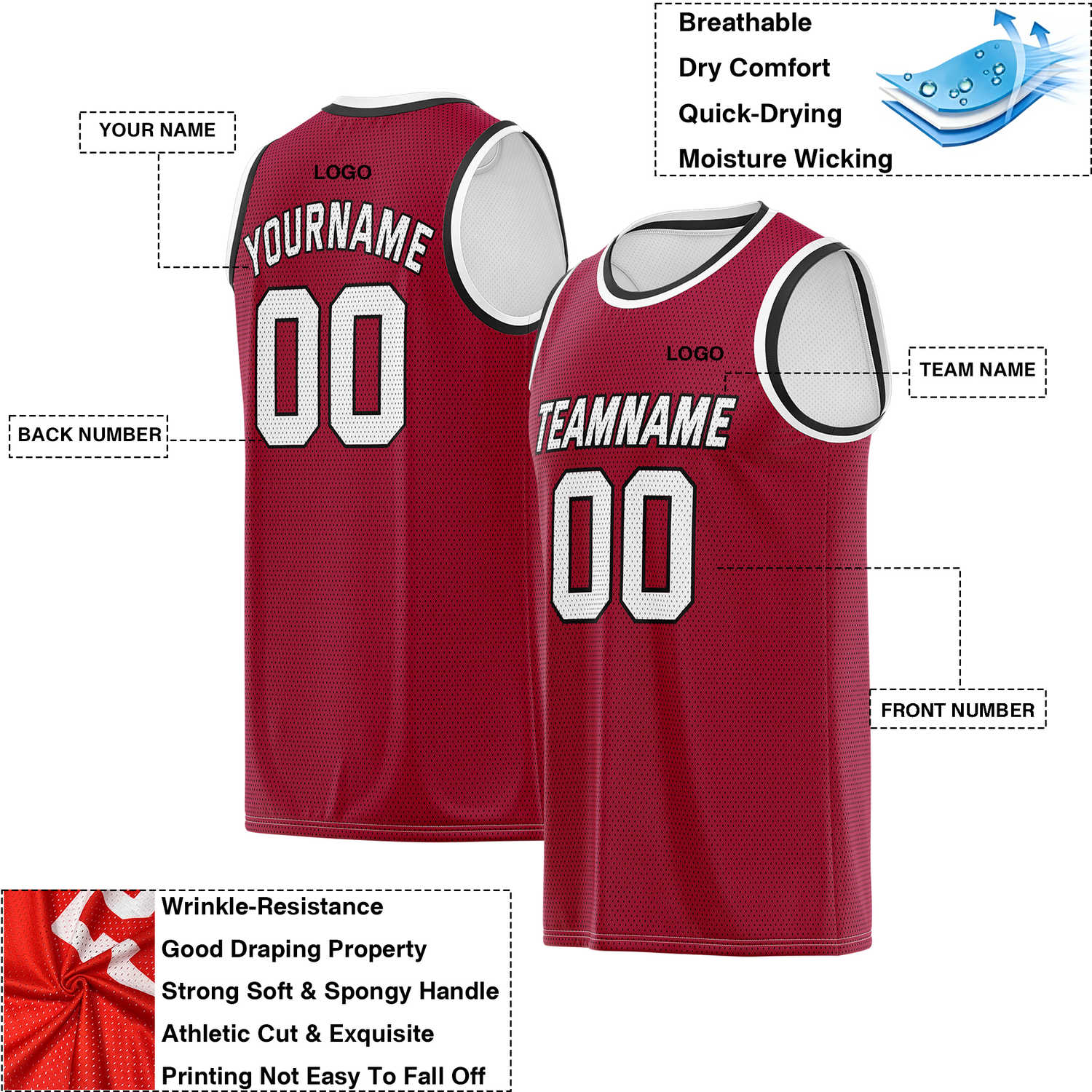 Custom Reversible Maroon & White Mesh Basketball Jersey | Personalized Team Jersey | Vosoli