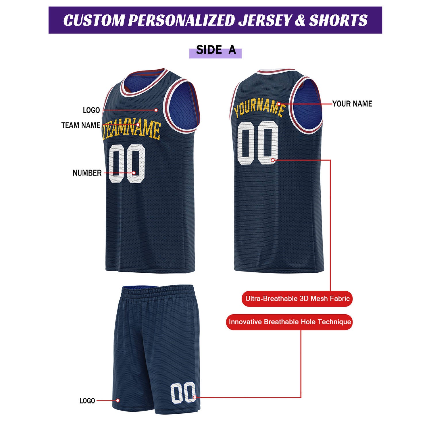 Custom Reversible Navy & Royal Blue Basketball Uniform Set | Personalized for Team Sports Practice - Vosoli
